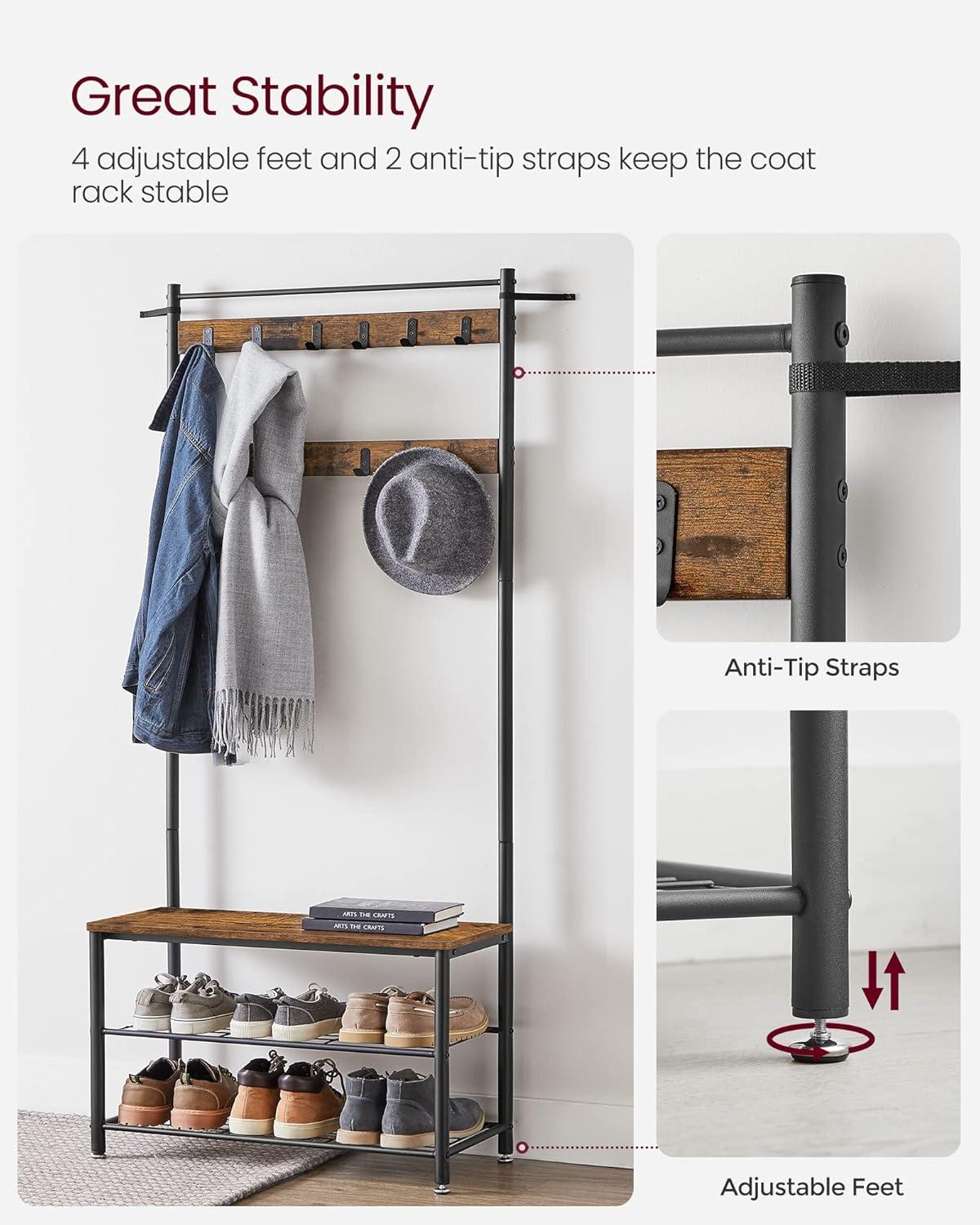 VASAGLE Coat Rack, Hall Tree with Shoe Storage Bench, Entryway Bench with Shoe Storage, 3-in-1, Steel Frame, for Entryway, 12.6 x 33.5 x 68.9 Inches, Industrial, Rustic Brown and Black UHSR401B01