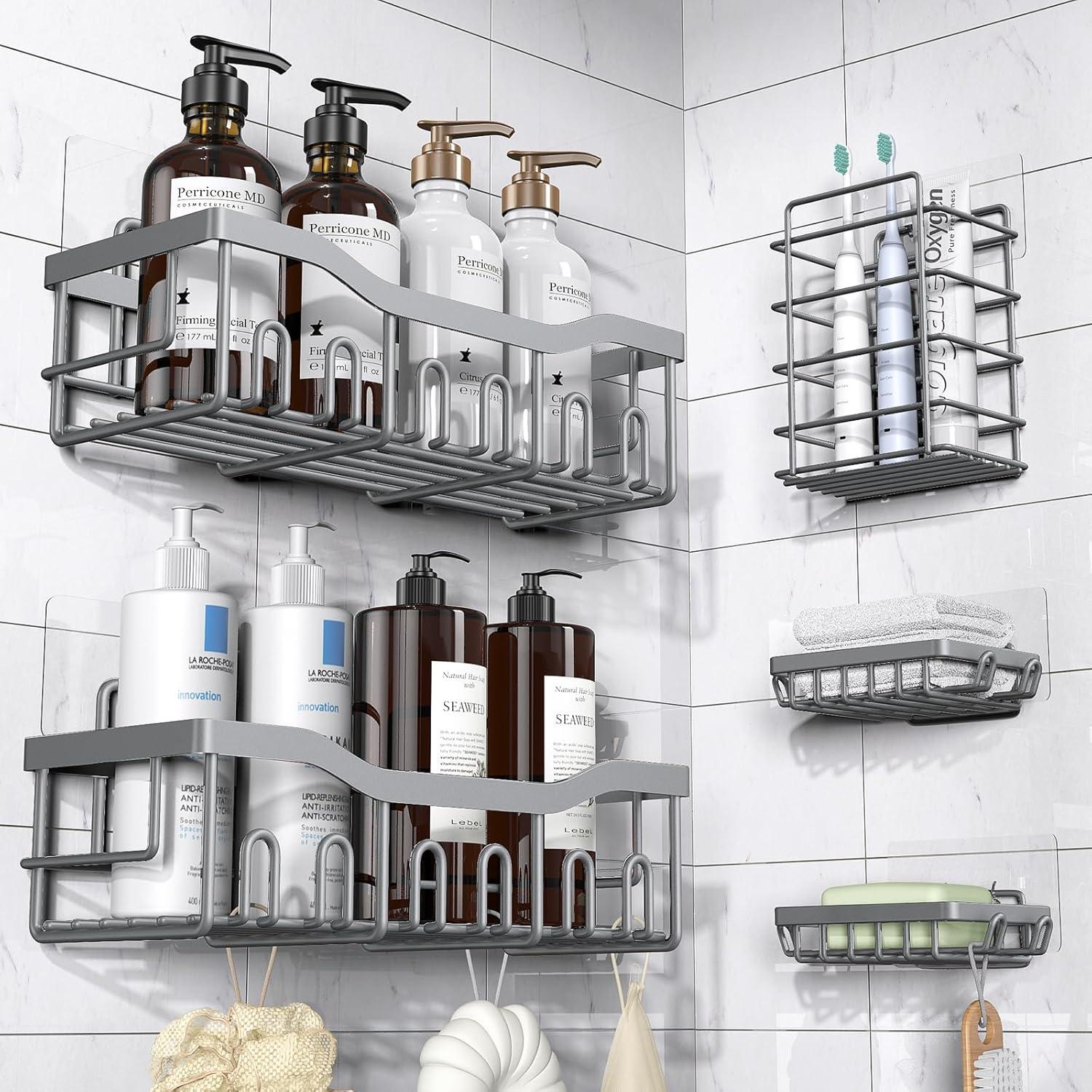 Simperf Shower Caddy, Shower Shelves 5 Pack, Adhesive Wall Mounted Shower Organizer for Bathroom & Kitchen, Large Capacity, Rustproof Stainless Steel Bathroom Organizer, Bathroom Accessories