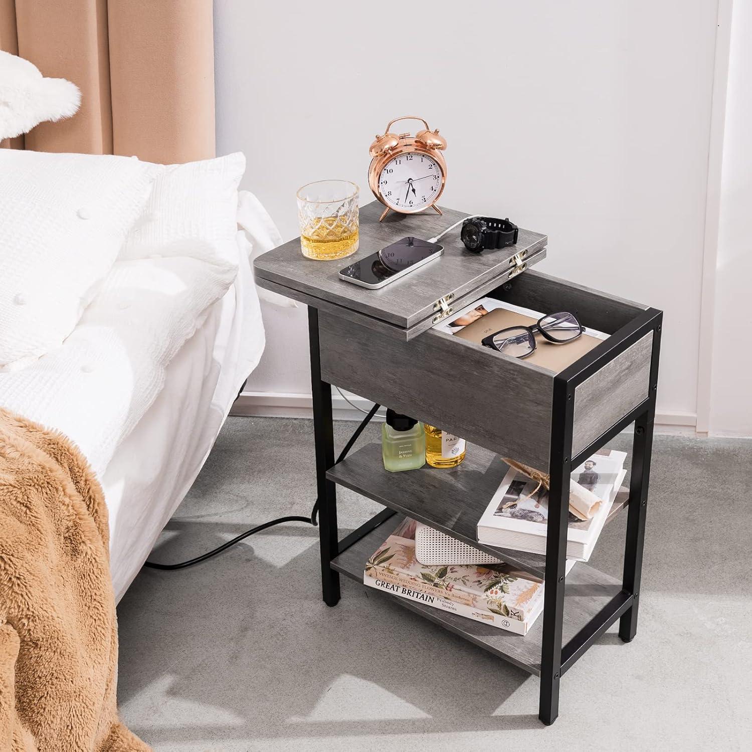 Gray Wood and Metal End Table with Charging Station and Storage