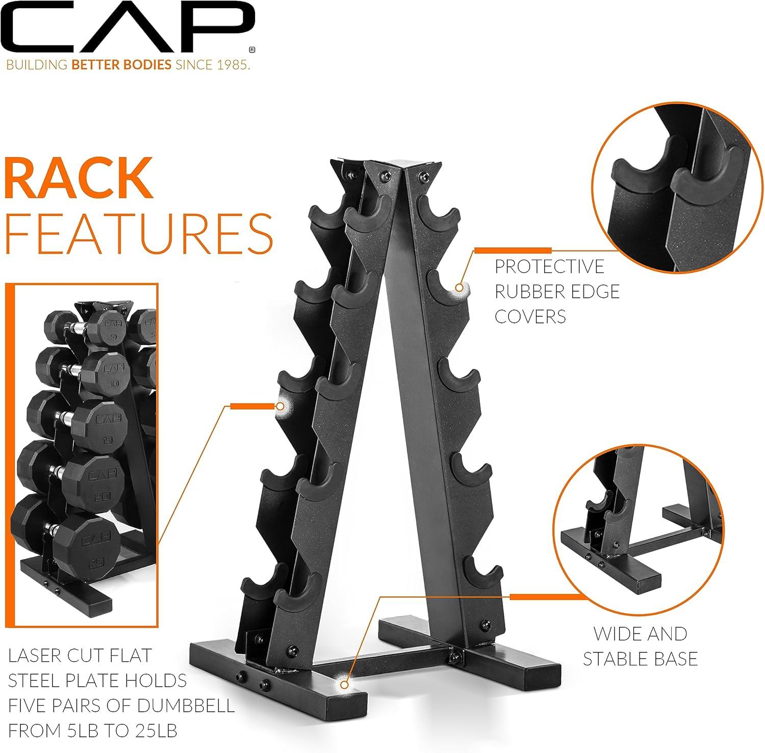 CAP Barbell Rubber Coated Dumbbell Weight Set with Vertical Rack | 100 lb, 150 lb, and 210 lb Options