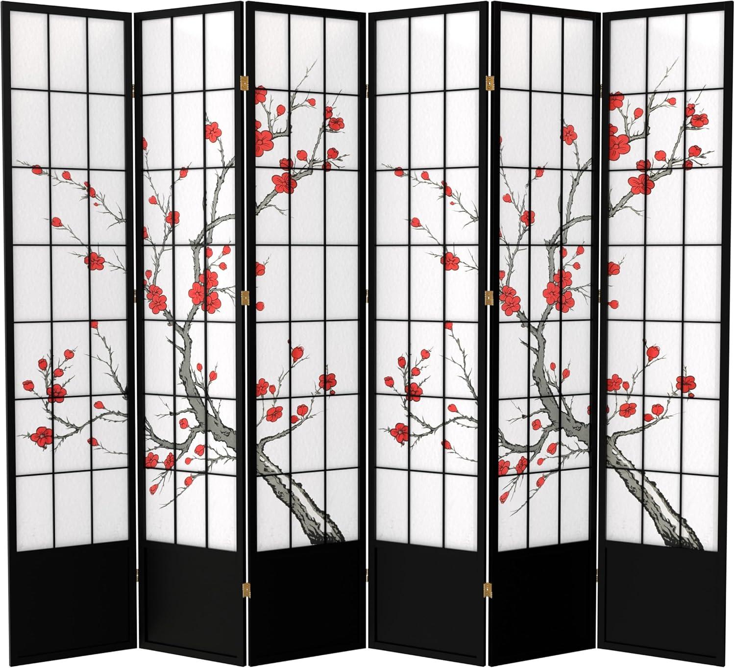 Oriental Furniture 7 ft. Tall Cherry Blossom Shoji Screen - Black - 6 Panel