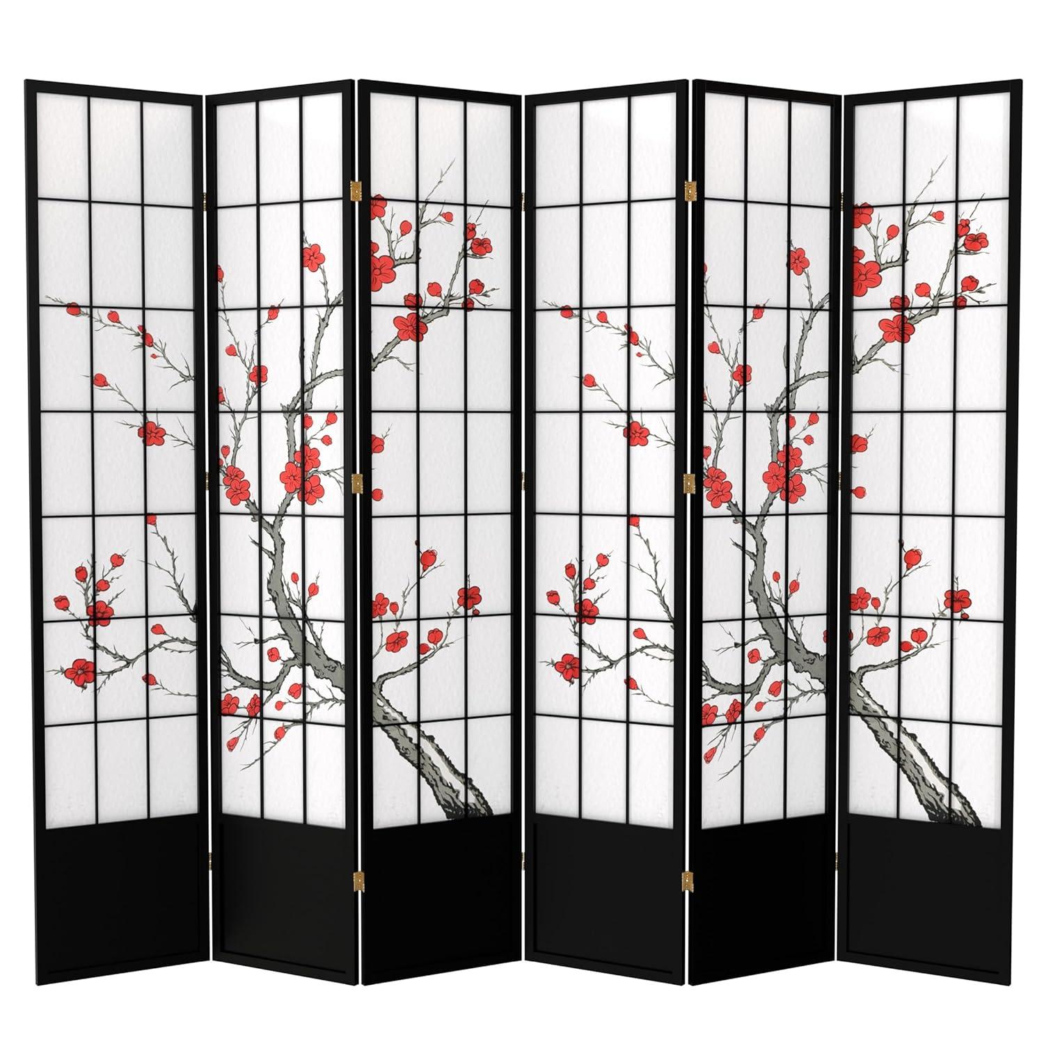 Oriental Furniture 7 ft. Tall Cherry Blossom Shoji Screen - Black - 6 Panel
