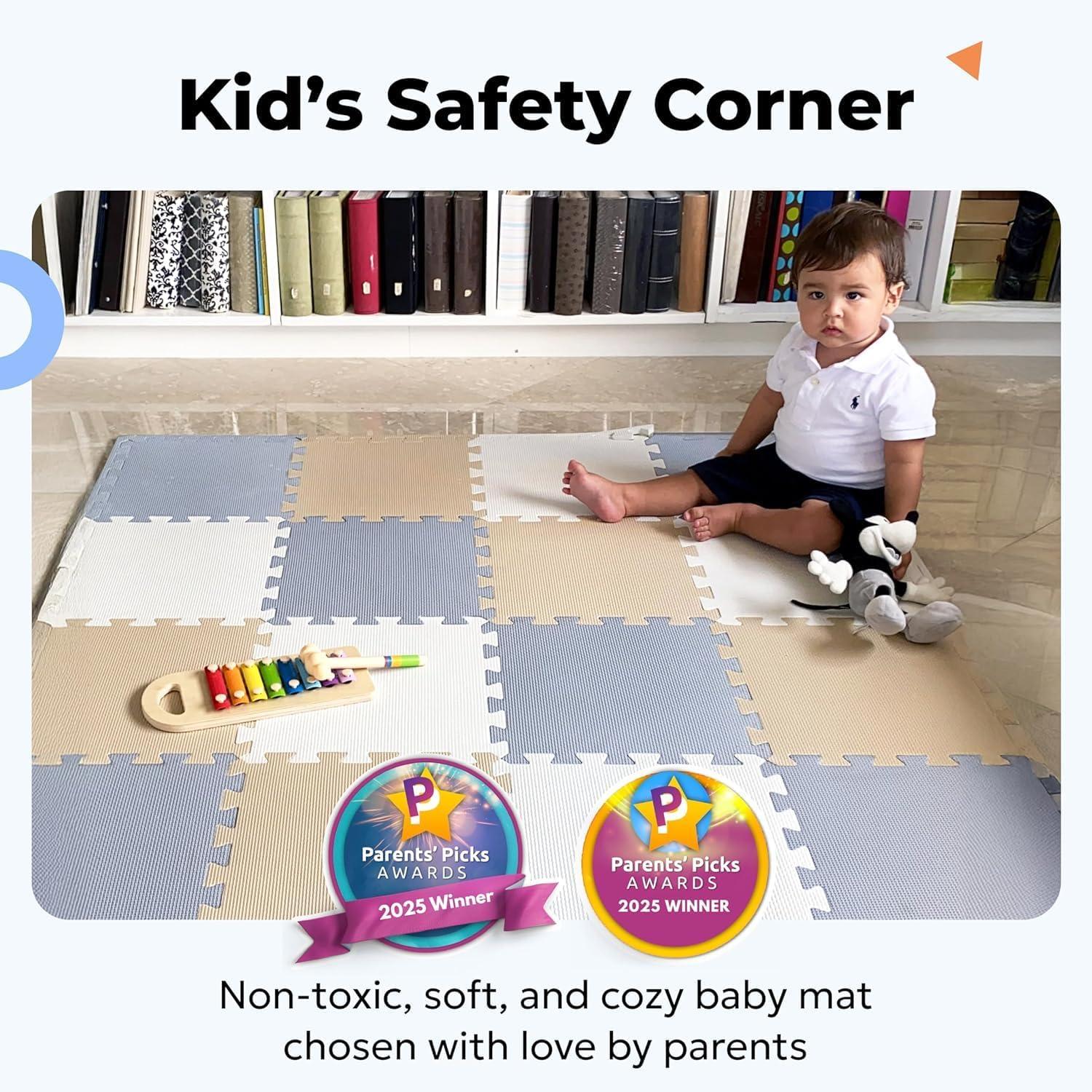 MioTetto Non-Toxic Foam Play Mat for Babies & Kids, Interlocking Puzzle Tiles, Cream-Gray-Beige, 18 Pieces – Perfect for Tummy Time, Crawling, Nursery, Playroom, or Gym