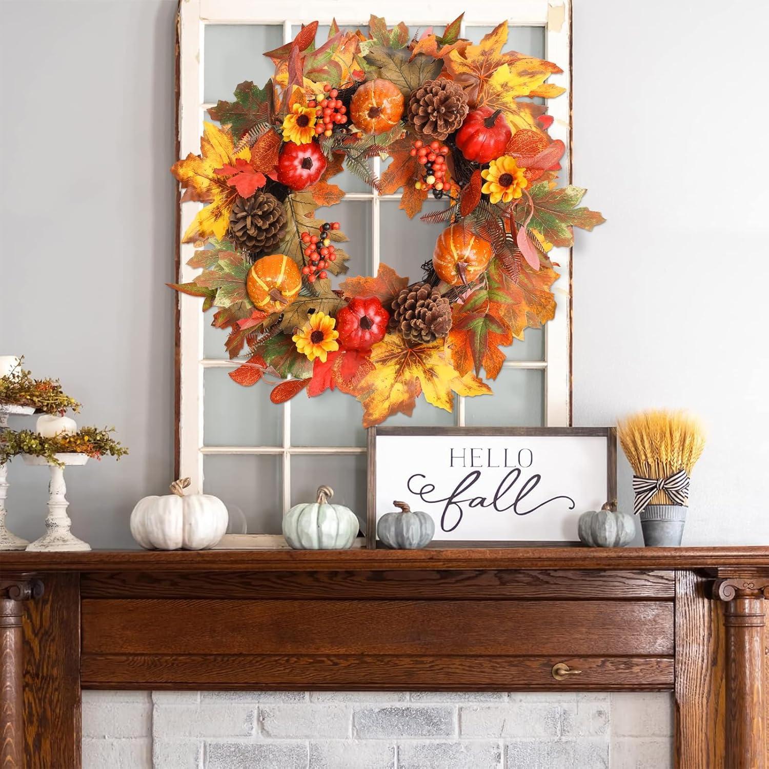 Fall Wreath 20’’ Autumn Front Door Wreath Harvest Wreath with Sunflower Pumpkins Berries Maple Leaves Daisies for Outside Indoor Home Wall Festival Thanksgiving Autumn Farmhouse Decor