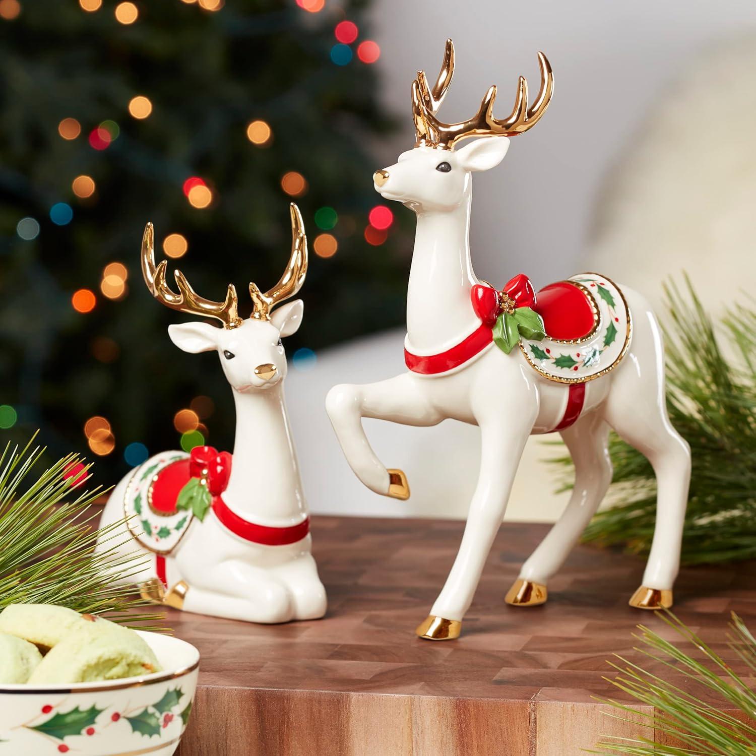 Porcelain Reindeer Figurine with Gold Accents and Holly Saddle