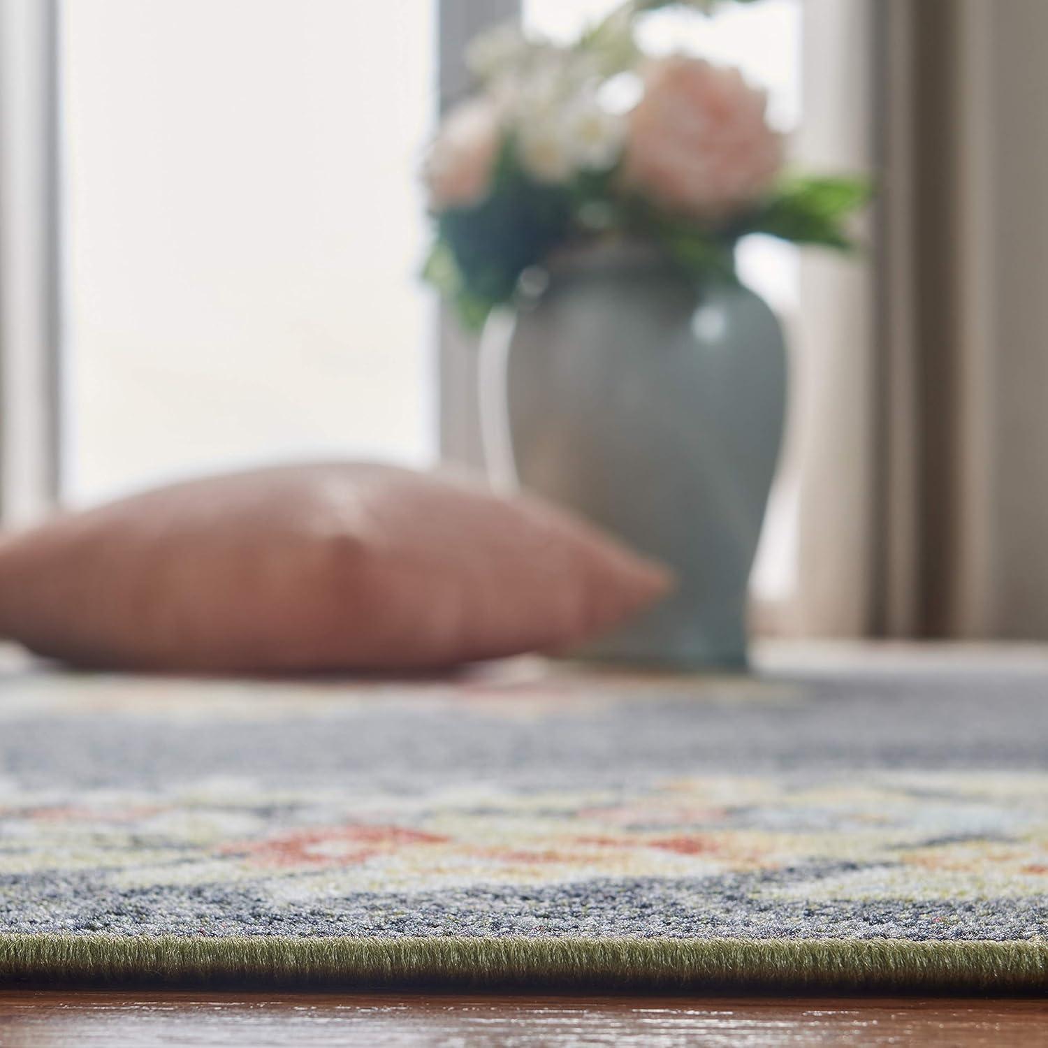 Gray and Pink Floral Bordered Rectangular Wool Rug