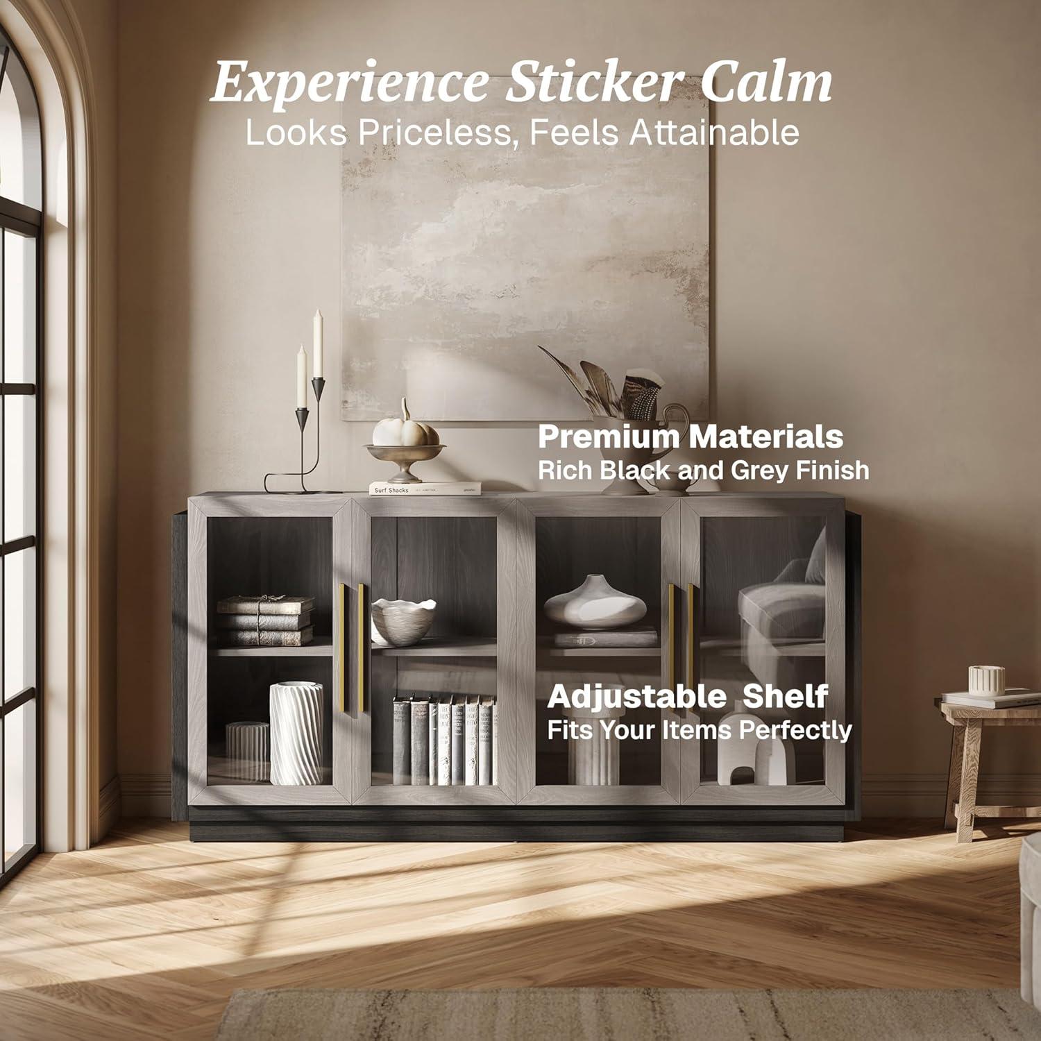 BELLEZE Sideboard Buffet Cabinet, Modern Wood Glass-Buffet-Sideboard with Storage, Console Table for Kitchen, Dinning Room, Living Room, Hallway, or Entrance - Brixston (Grey)