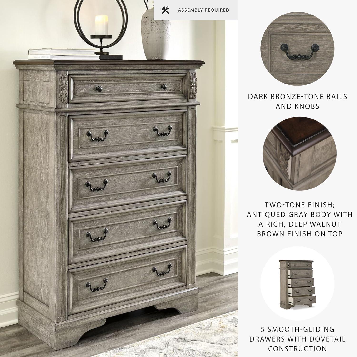 Gray and Walnut Transitional Five-Drawer Chest with Dovetail Construction