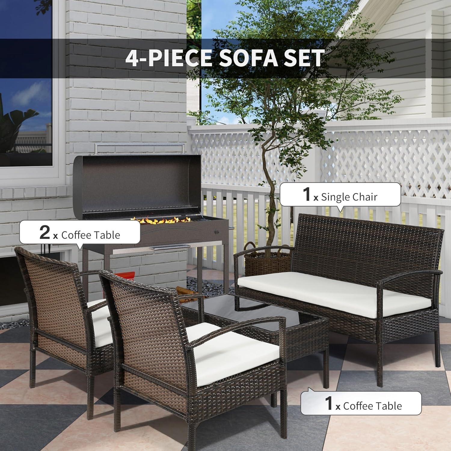 Outsunny Patio Porch Furniture Sets 4-PCS Rattan Wicker Chair w/ Table Conversation Set for Yard,Pool or Backyard Indoor/Outdoor Use