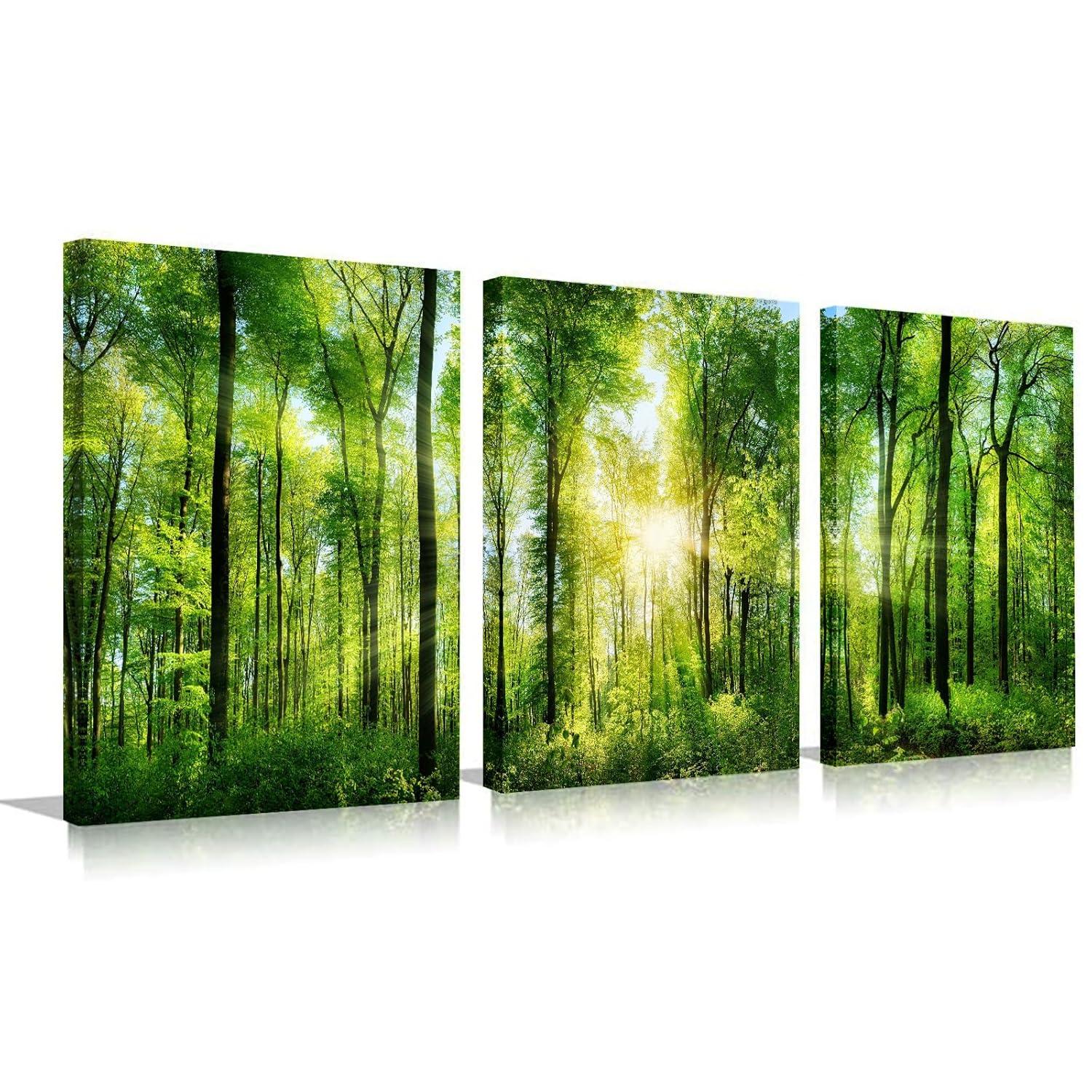 3 Panel Nature Wall Art ,Landscape Paintings Framed Trees Green Pictures Sunrise Scenery Wall Decor