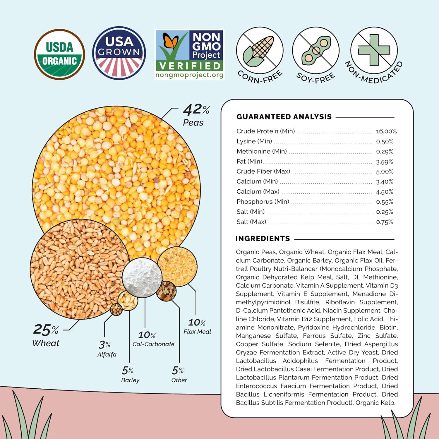 Mile Four | Layer Organic Chicken Feed | 100% US Grown Grains, Certified Organic, Certified Non-GMO, Corn-Free, Soy-Free, Non-Medicated Chicken Food | 16% Protein | Whole Grain | 23 lbs.