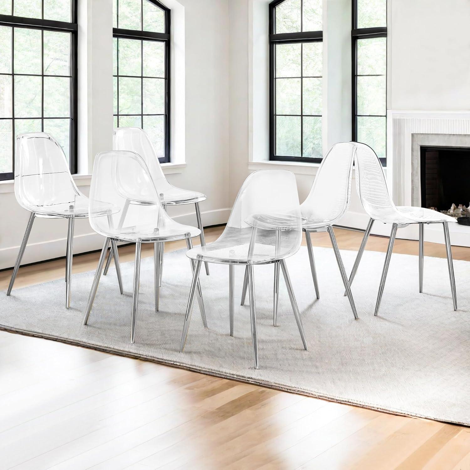 Dining Room Seating Modern minimalist transparent dining chair, plastic chair, armless crystal chair, Nordic creative makeup stool, negotiation chair, silver plated metal leg 6-piece set, TW-1200,Kit