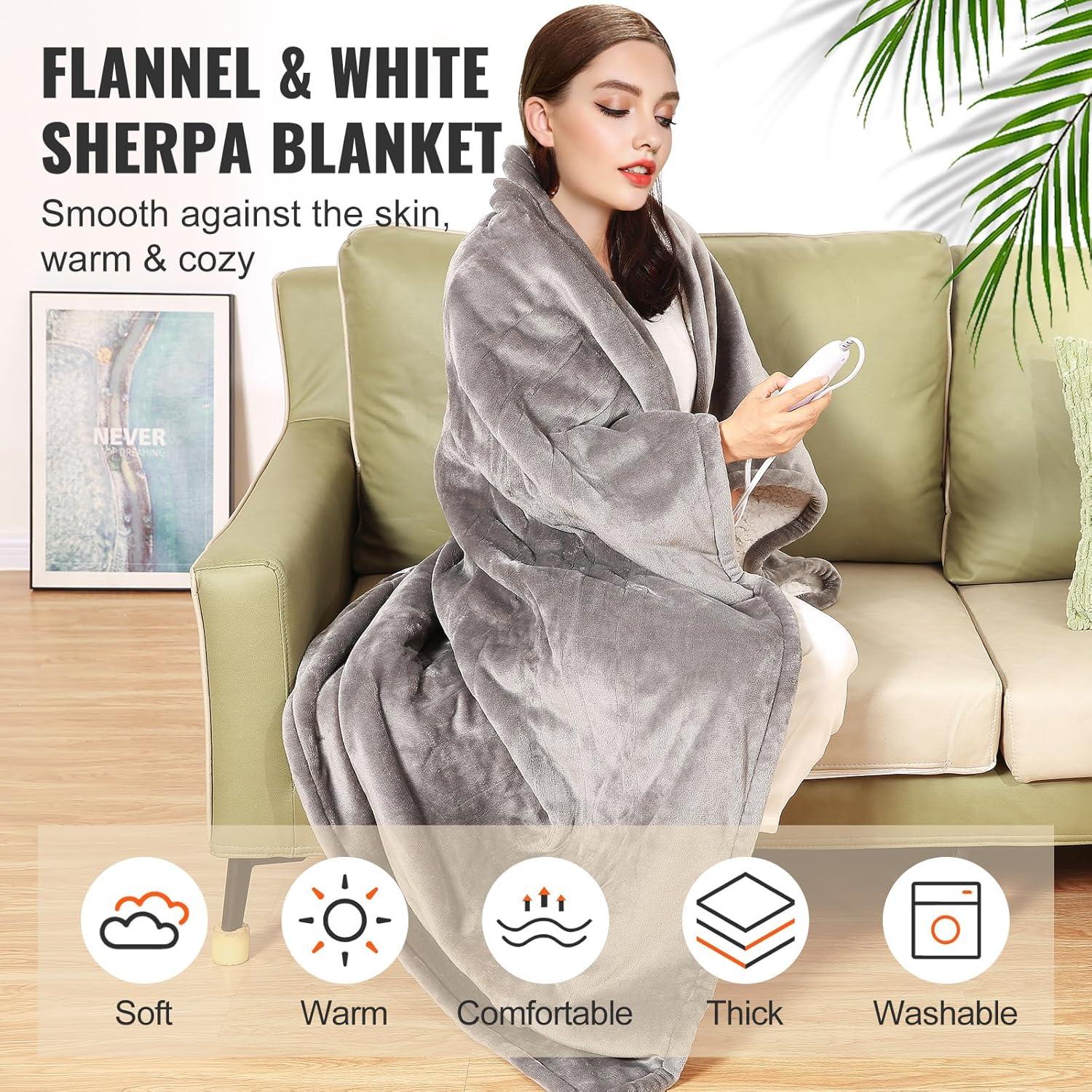 Superjoe Electric Heated Blanket, 60" x 50" Double-Layer Flannel, 4 Heat Settings and Auto-off, Holiday Gift for Family, Gray