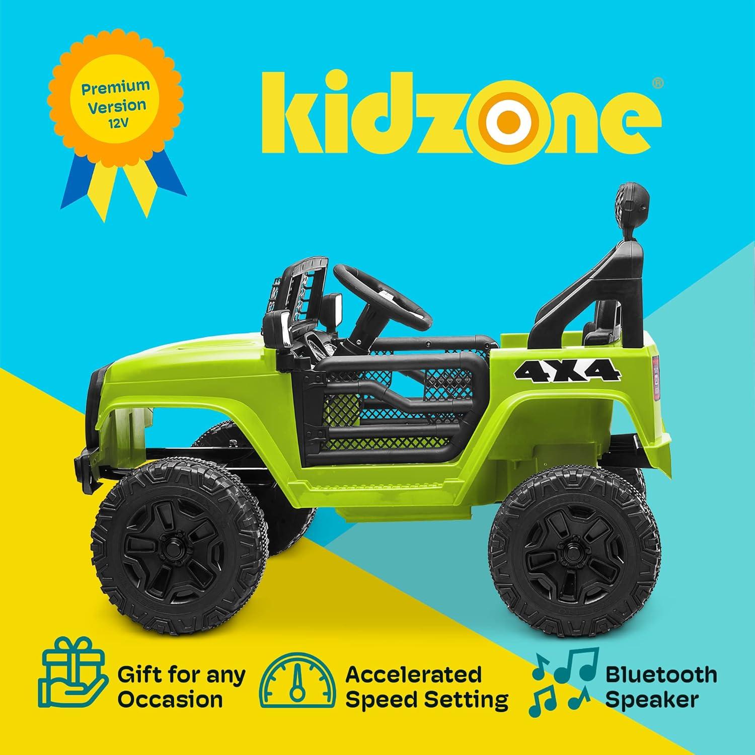 Kidzone Ride On Truck 12V Battery Powered Electric Kids Car Vehicle Toy with DIY License Plate, 4 Wheeler Quad, Parent Remote Control, MP3, High Low Speeds, LED Lights - Green