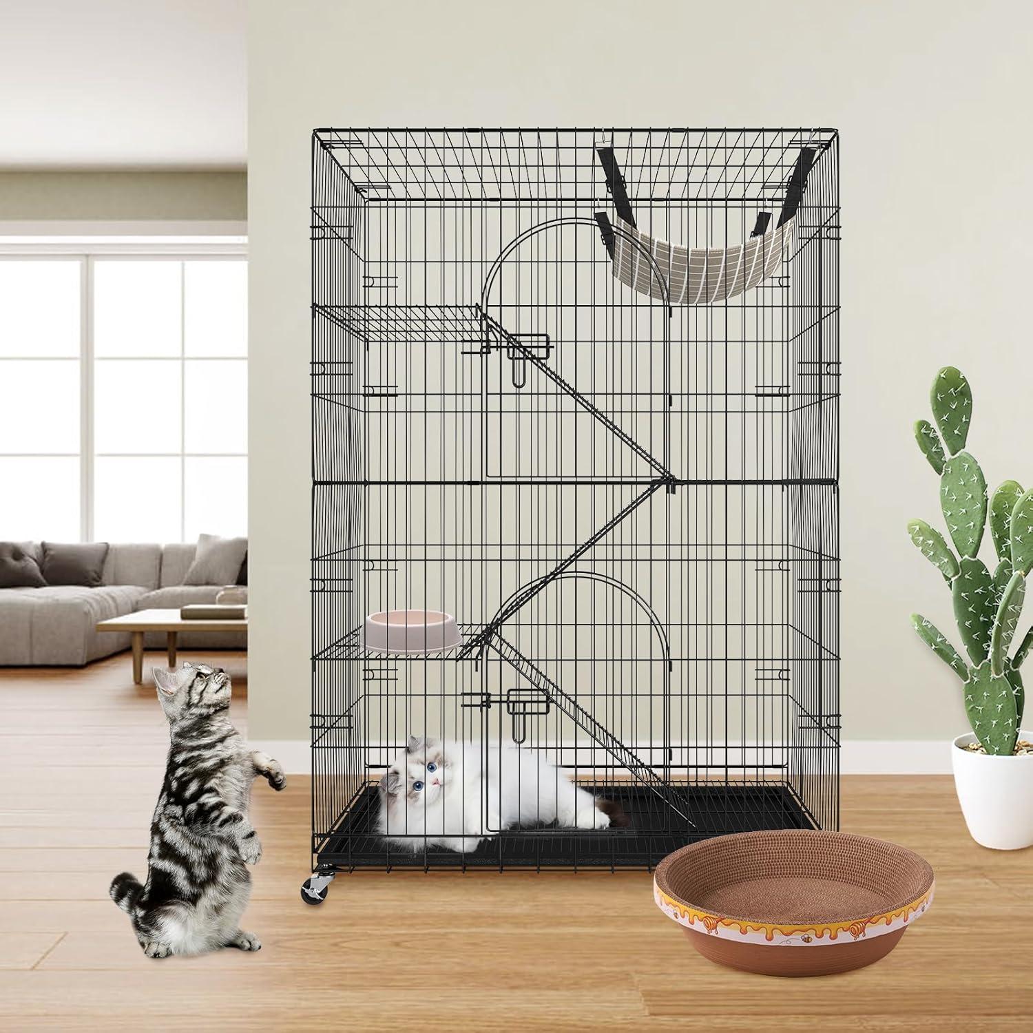 Large Black and Gray Rolling Metal Cat Cage with Hammock