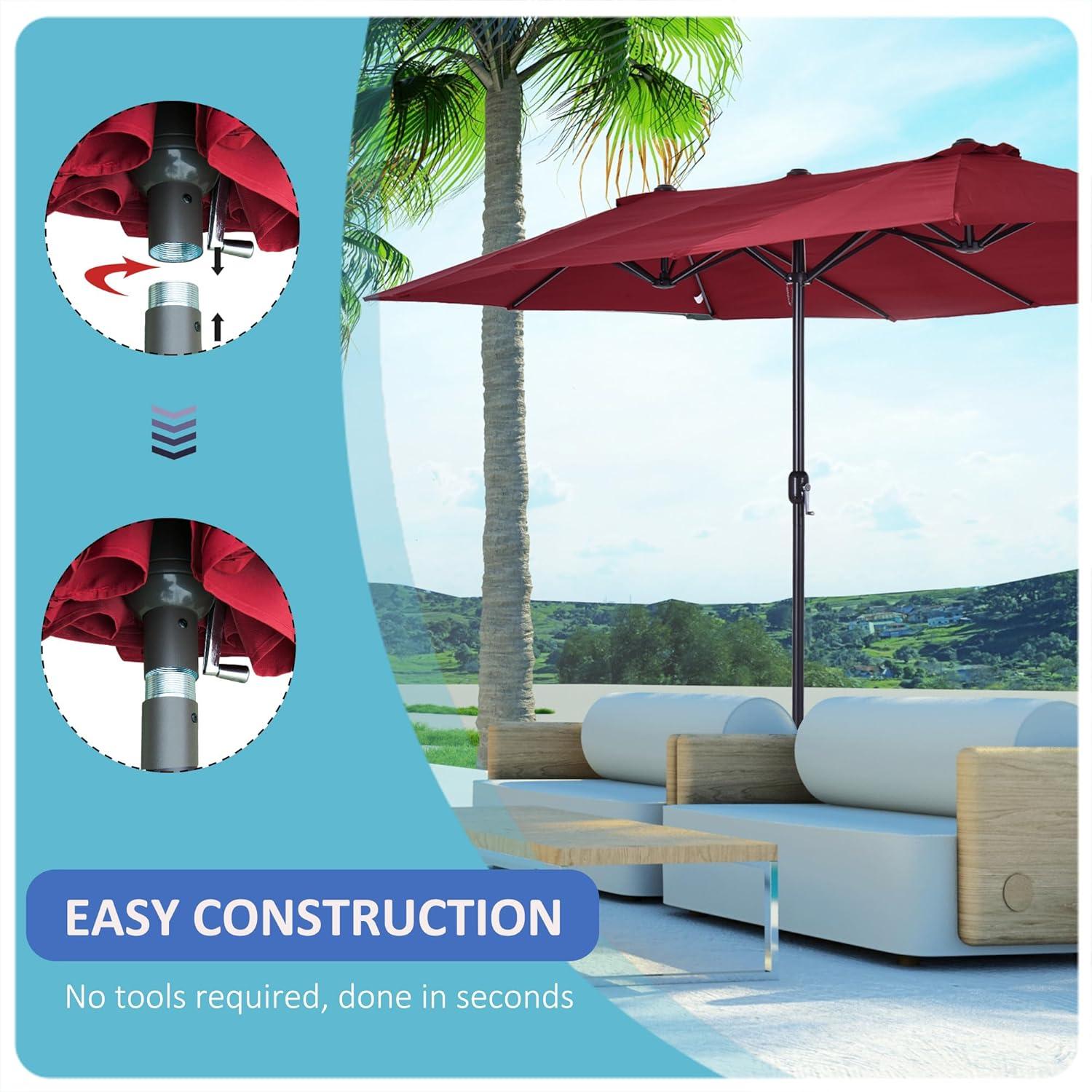 Outsunny Extra Large 15ft Patio Umbrella, Double-Sided Outdoor Umbrella with Crank Handle and Air Vents for Backyard, Deck, Pool, Market, Red