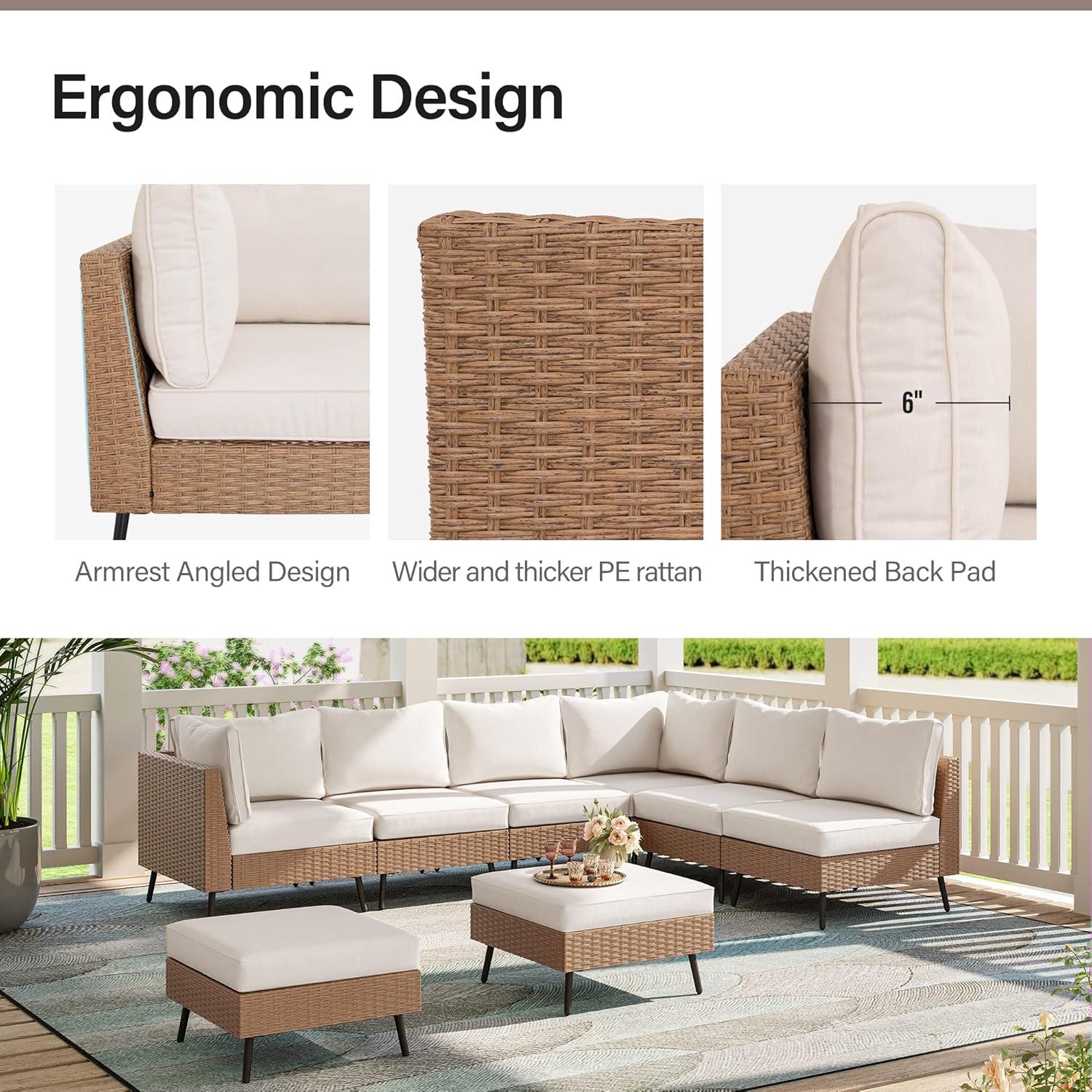 LAUSAINT HOME 8-Piece Patio Furniture Set, Outdoor Sectionals with 6 Chairs, 2 Ottomans and Plush Beige Cushions