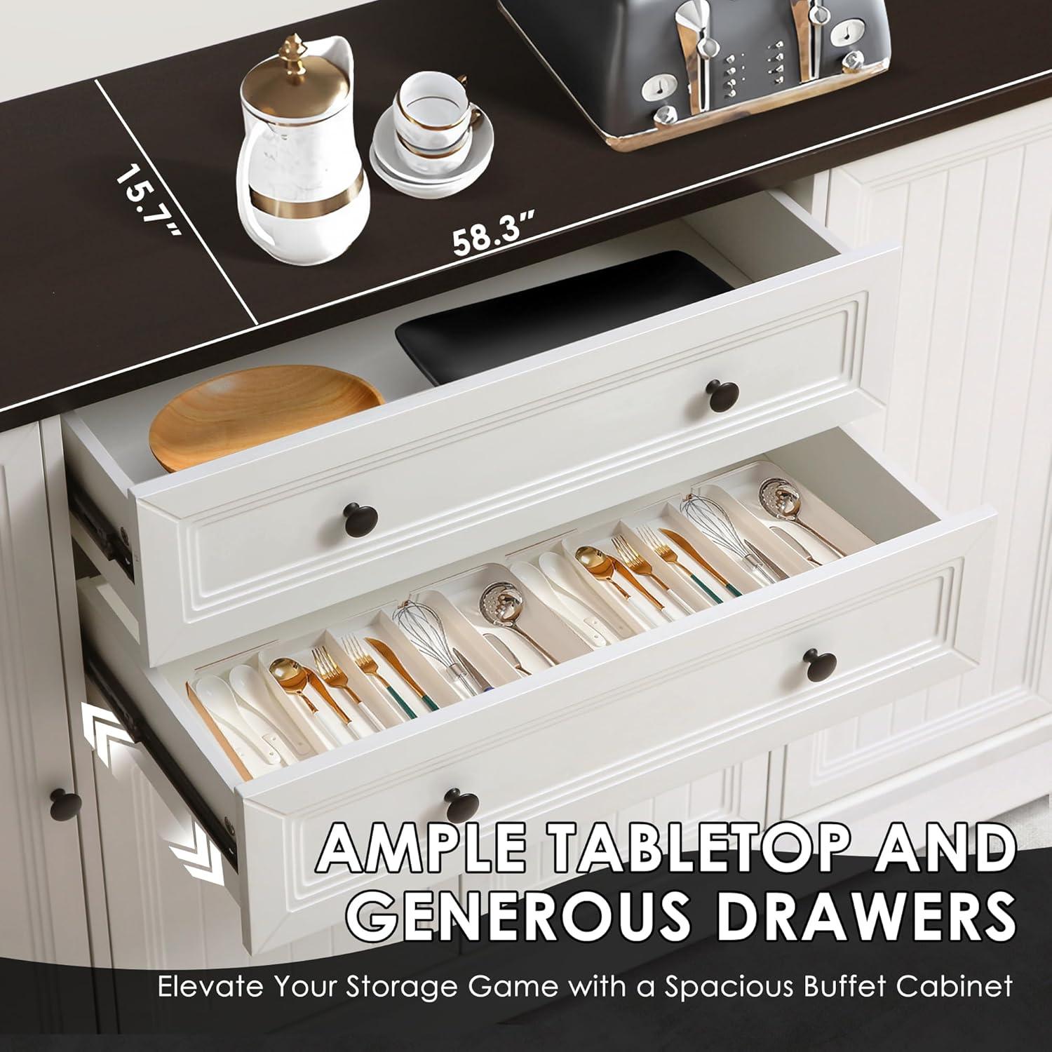 Magic Union 58" Farmhouse Sideboard Buffet Cabinet, Coffee Bar Cabinet with 2 Large Drawers & 4 Grooved Barn Doors, Wood Storage Cabinets for Dinning Room, Kitchen, Living Room, White