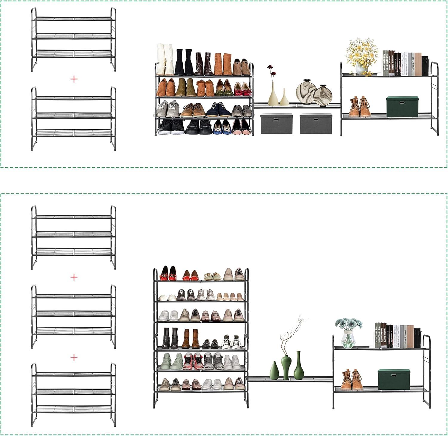 YASONIC Shoe Rack Storage Organizer, 3-Tier Black Shoe Shelf, 24 Pairs, Iron Poles & Plastic Connectors