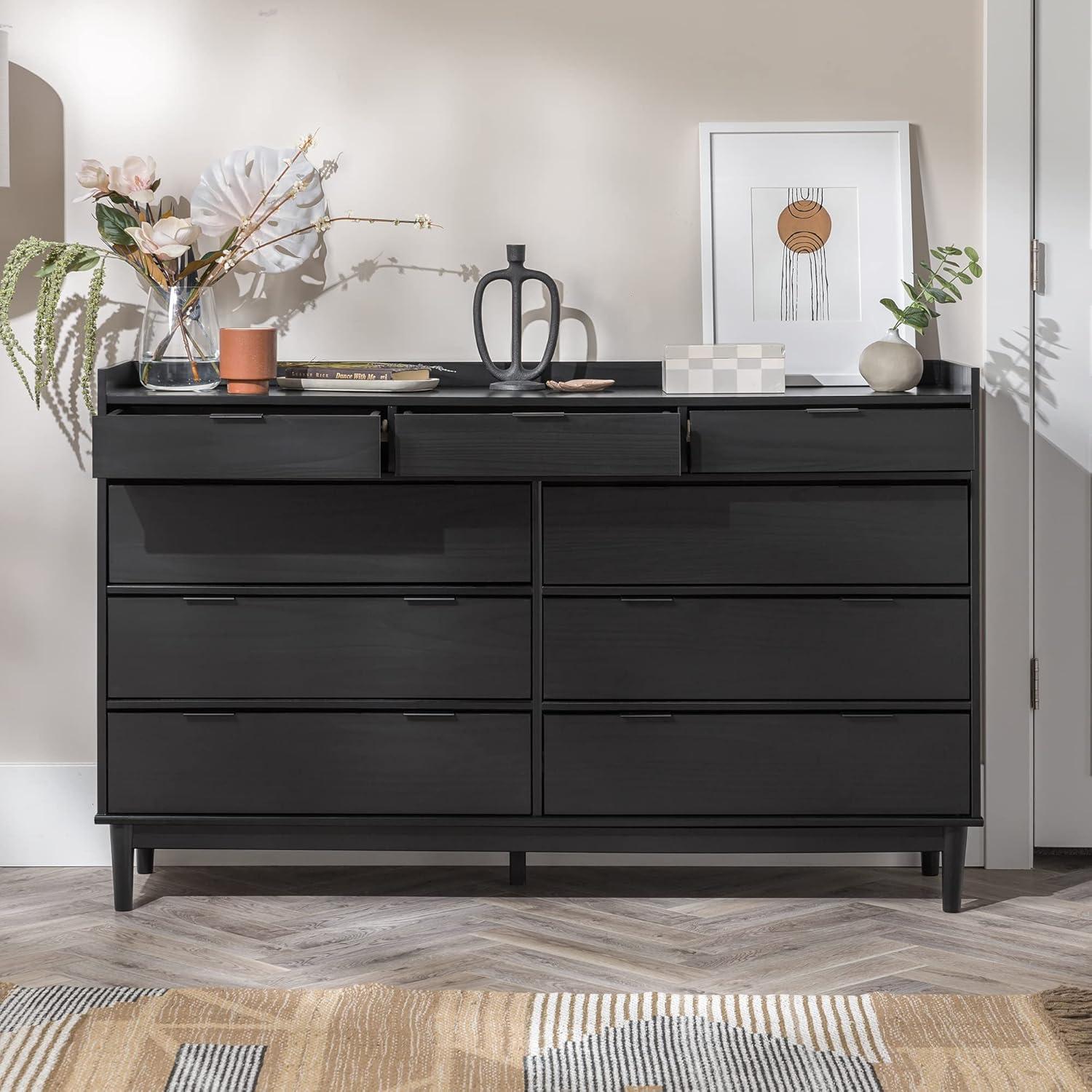 Black Solid Wood Mid-Century 9-Drawer Dresser