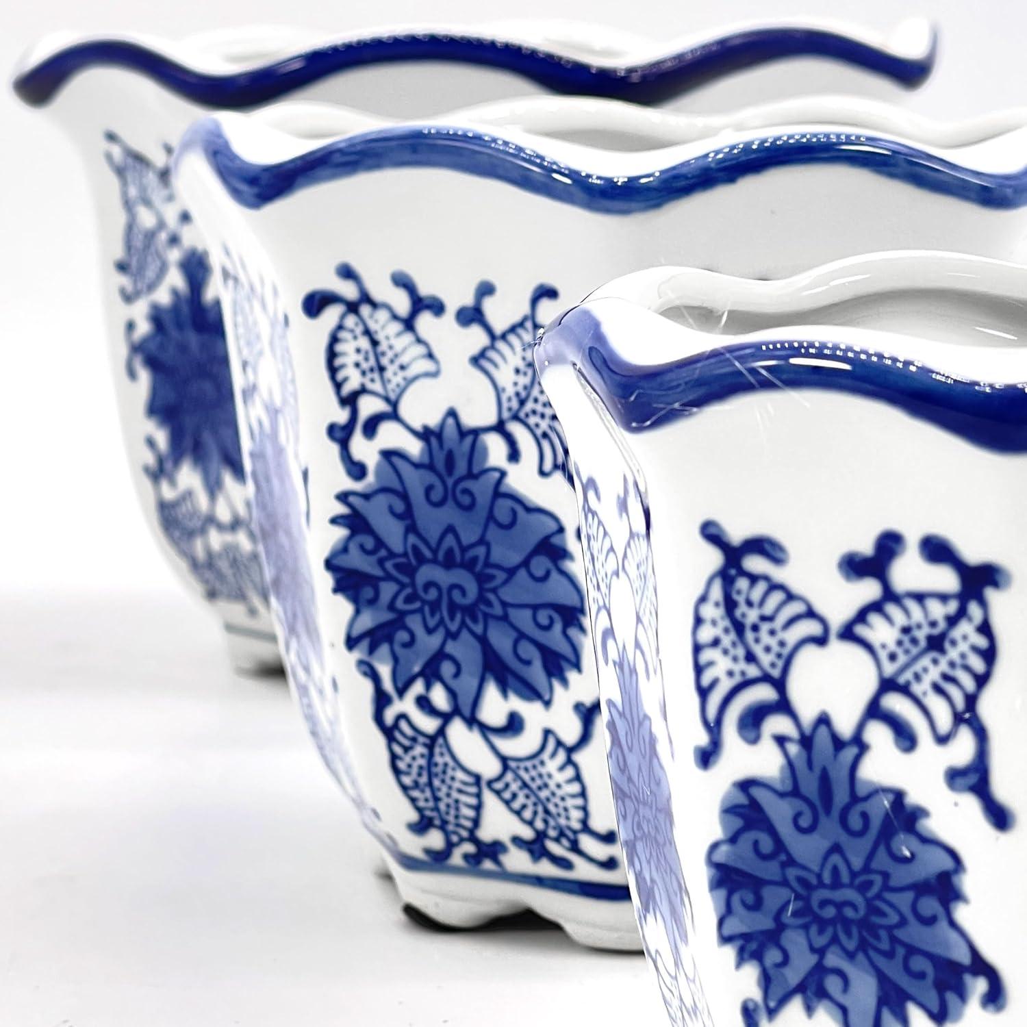 Set of 3 Blue and White Ceramic Floral Planter Pots