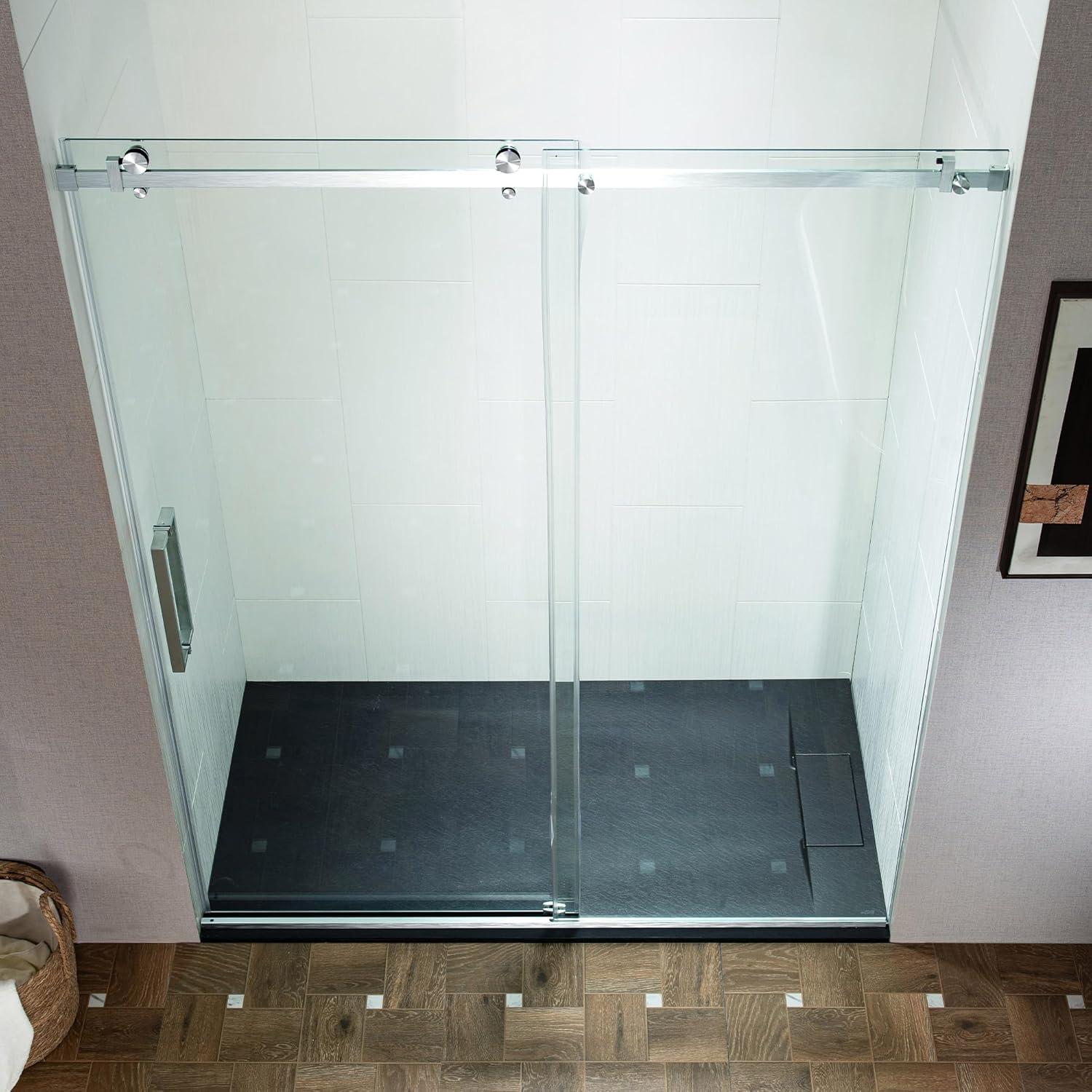WoodBridge Semi-Frameless Single Sliding Shower Doors, 56-60" W X 76" H With 5/16" Clear Tempered Glass And Explosion-Proof Film MSDF6076-C