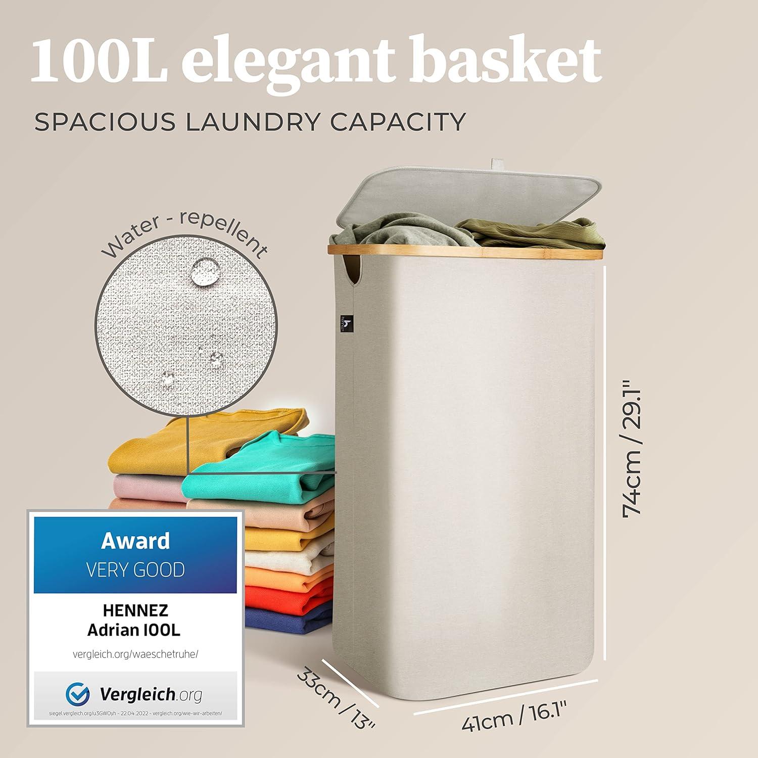 Hennez® Double Laundry Hamper with Lid, 2x Removable Bags, Thic Fabric, Bamboo Hamper 140Liter - 36gal - Light Gray