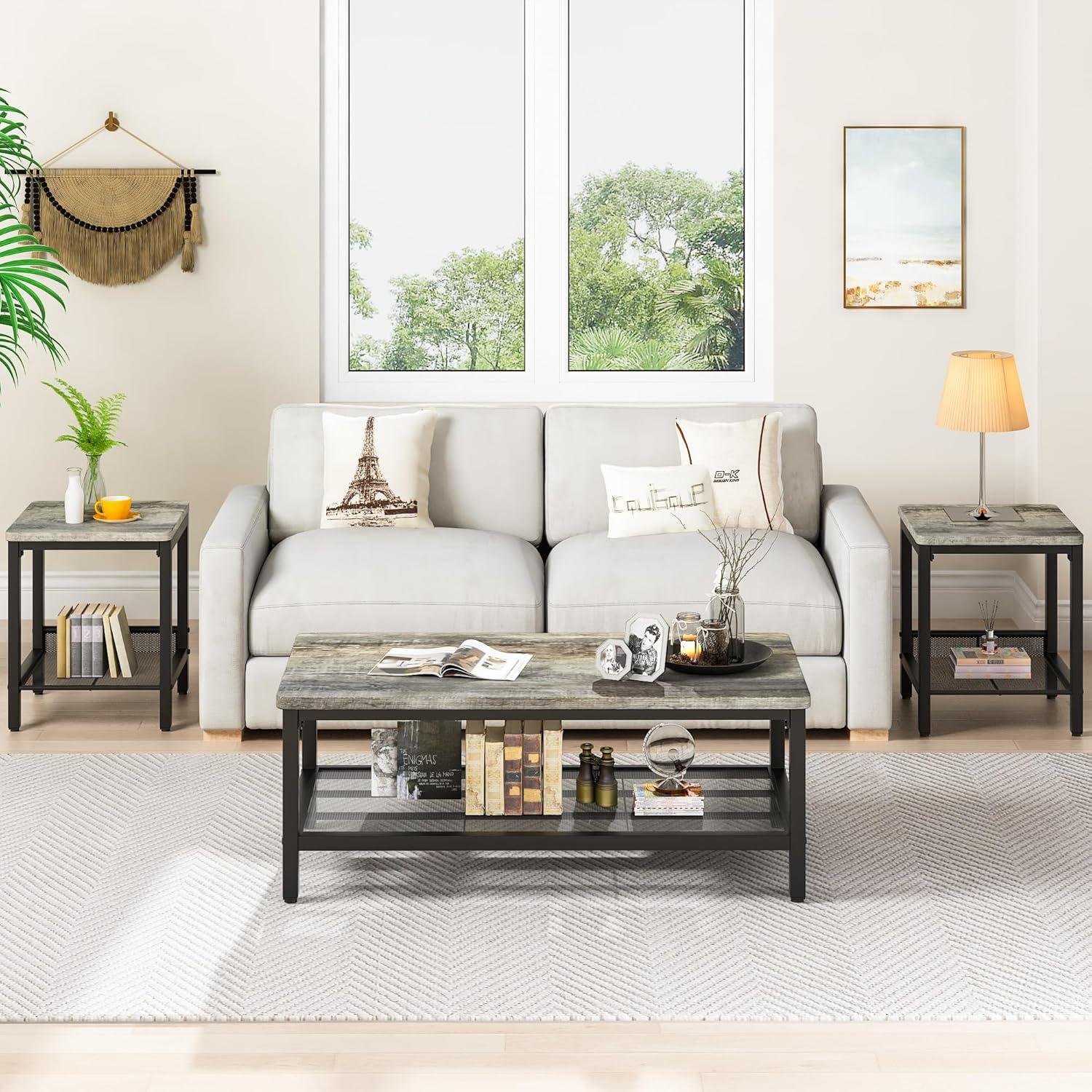 17 Stories Industrial Metal Frame  3 - Piece Living Room Table Set With Two Side Table