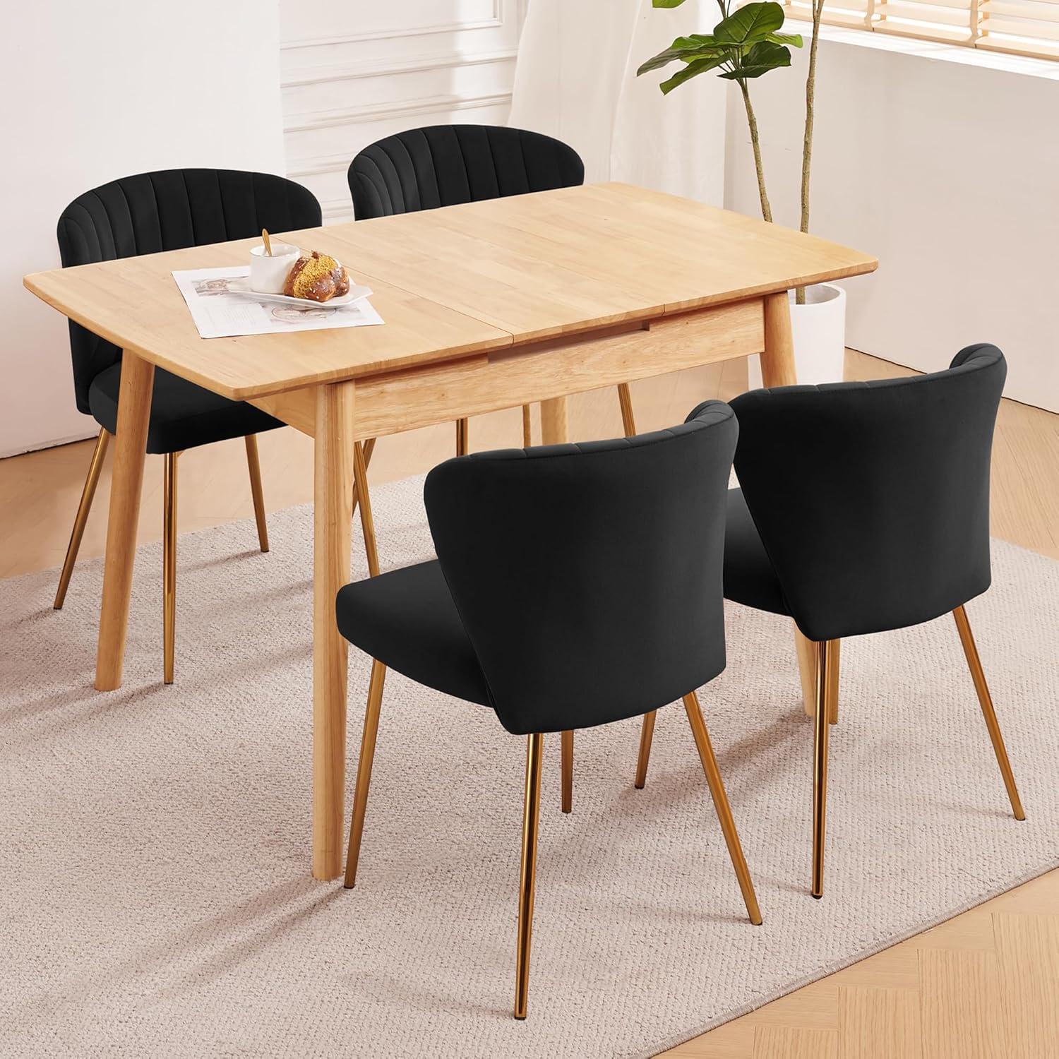 Velvet Dining Chairs Set of 2, Modern Upholstered Vanity Chairs with Golden Metal Legs for Dining Room Kitchen Vanity Patio (Black)