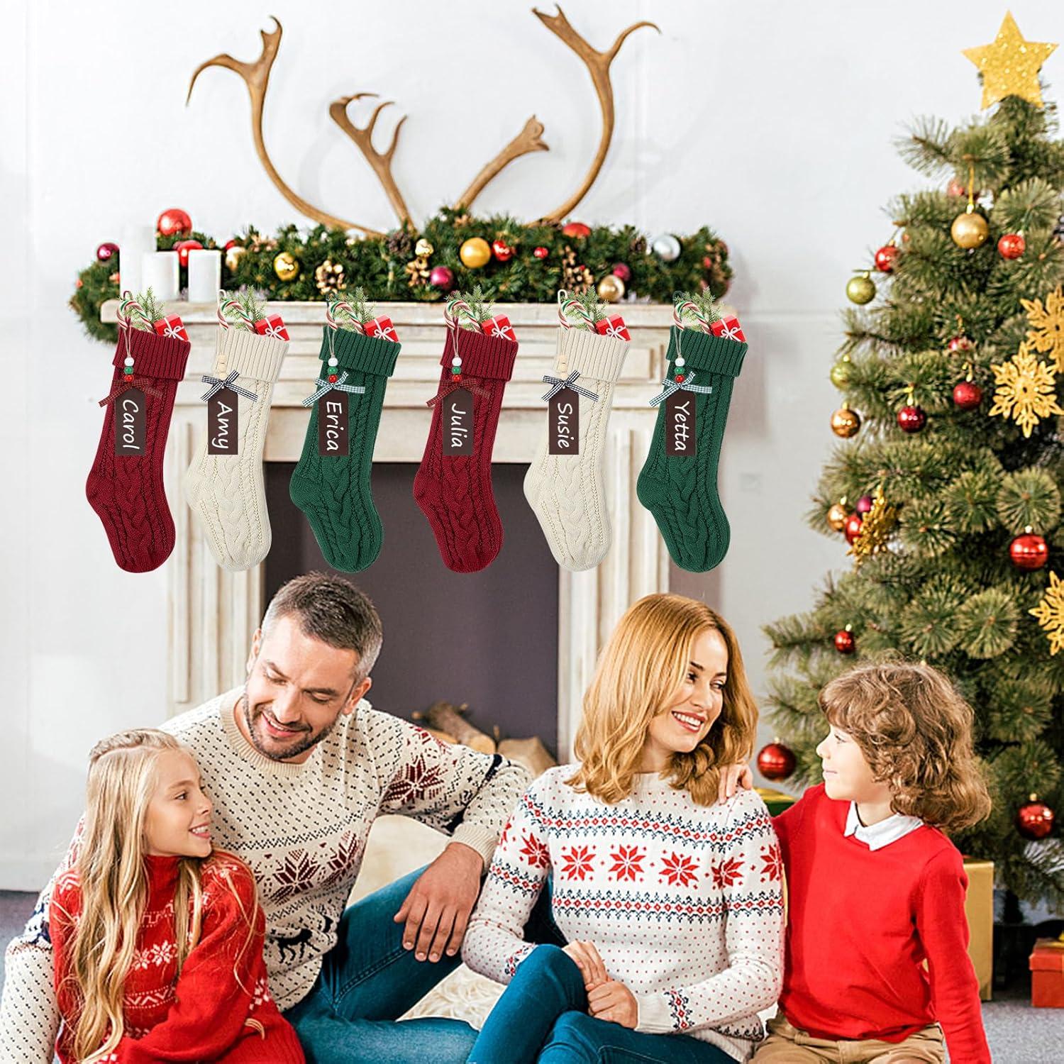 Set of 6 Large Knit Christmas Stockings in Red, Green, and Cream