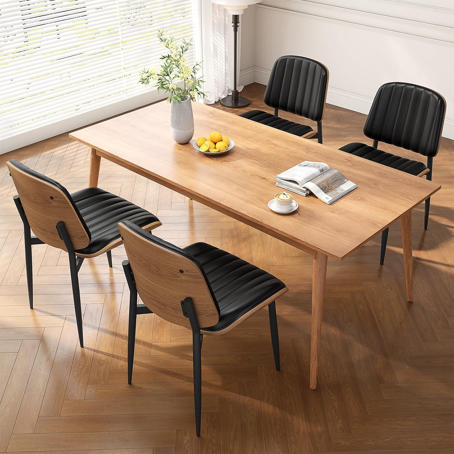 Dining Chairs Set of 2, Mid Century Modern Retro Faux Leather Chair with Walnut Bentwood Back, Upholstered Seat Metal Legs & Adjustable Foot for Kitchen Dining Room Chairs(Black PU)
