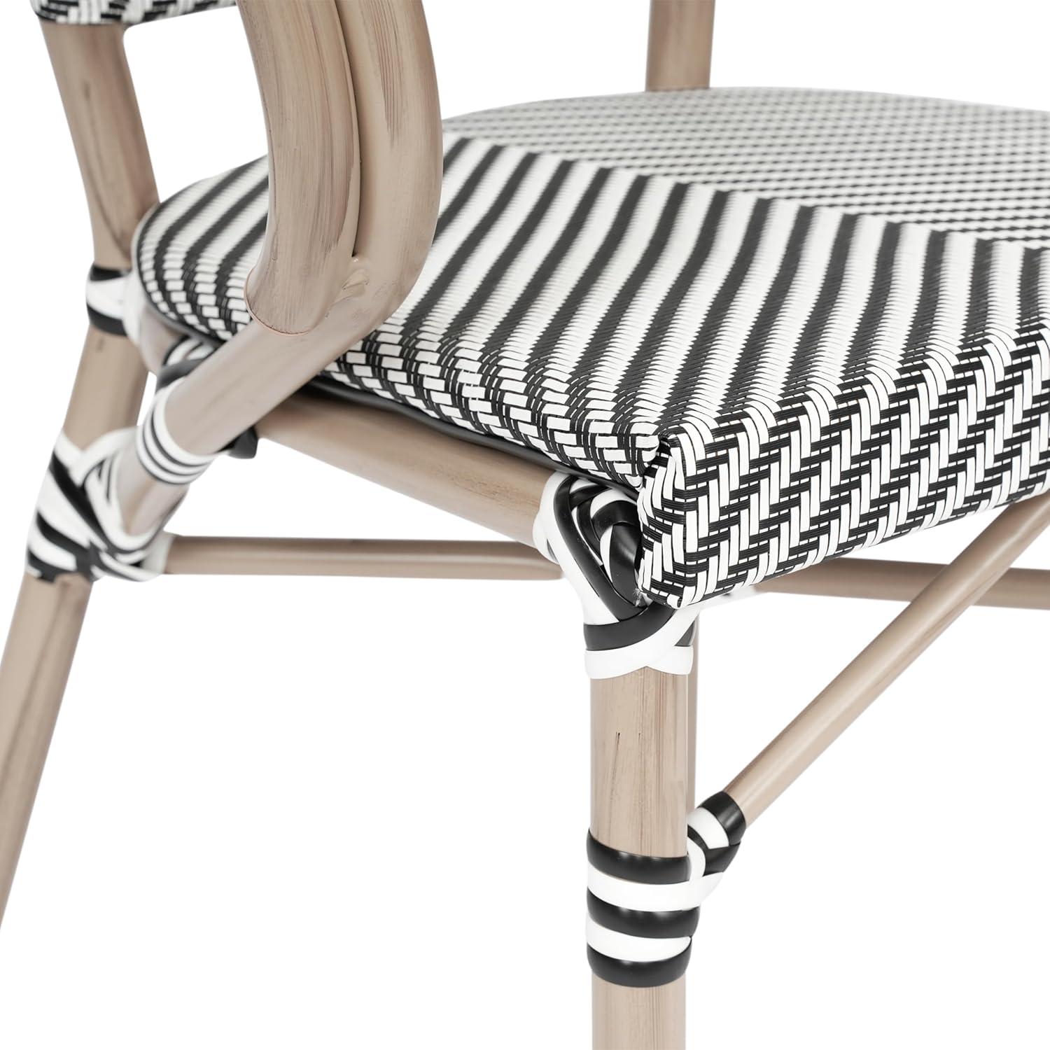 Flash Furniture Marseille Indoor/Outdoor Commercial Bistro Stacking Chair with Arms, Black/White Textilene & Bamboo Print Aluminum Frame in LT Natural