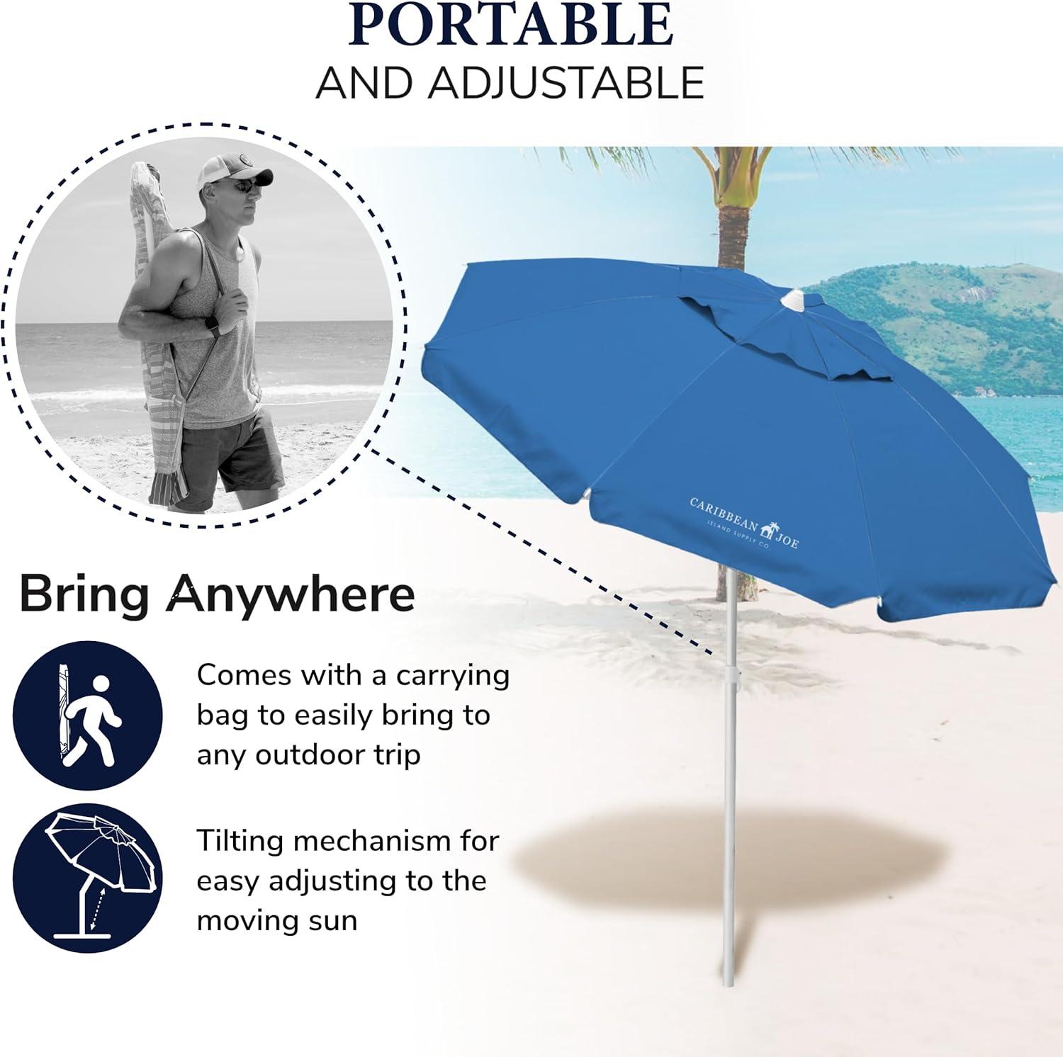 Caribbean Joe 6.5ft Beach Umbrella with UV Protection and Matching Case, Blue