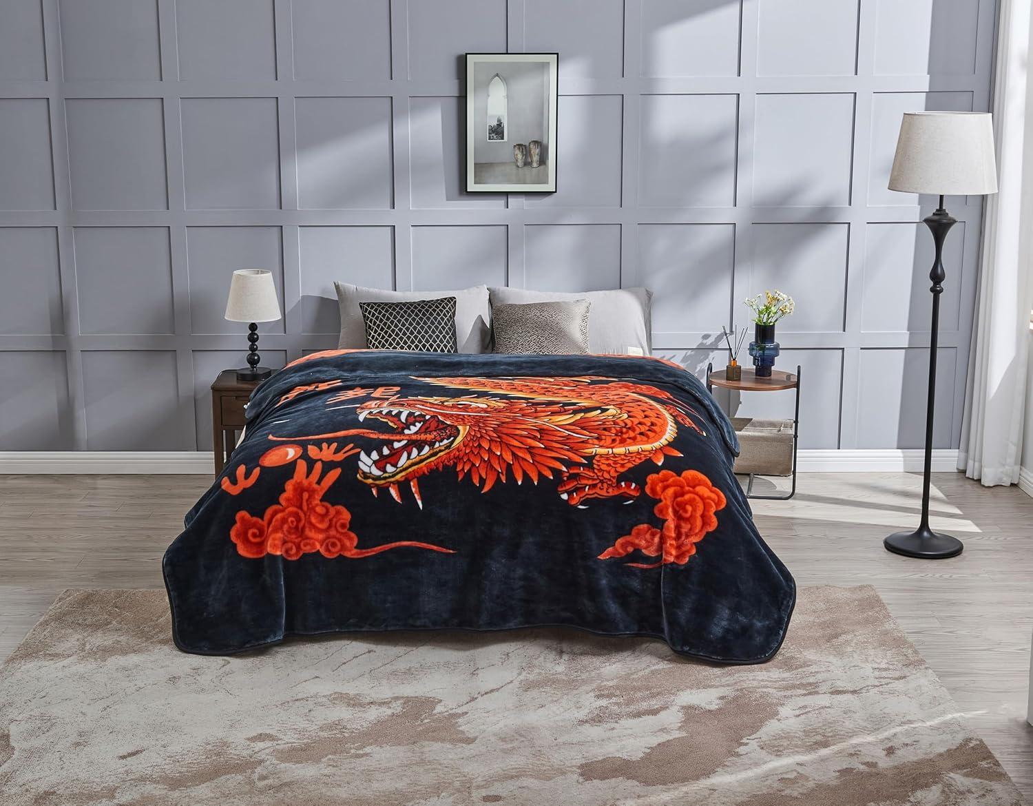 Chezmoi Collection Heavy Thick Korean Style Faux Mink Blanket Single Ply 9 Lbs, Reversible 750GSM Thick Silky Soft Plush Raschel Mink Blanket, 85" x 95" Asia King Size, Dragon