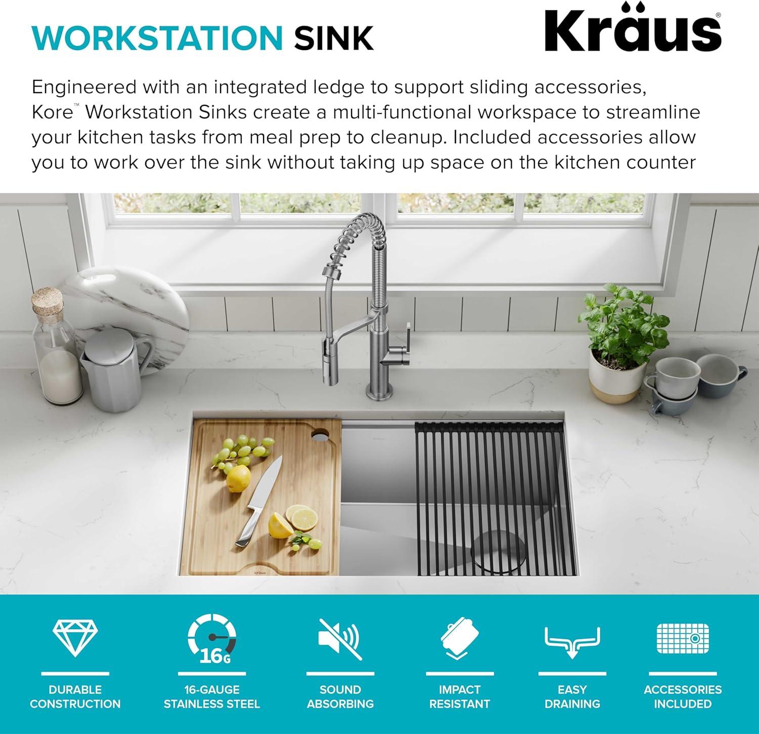 KRAUS® Kore 32" Undermount Workstation 16 Gauge Single Bowl Stainless Steel Kitchen Sink with Accessories