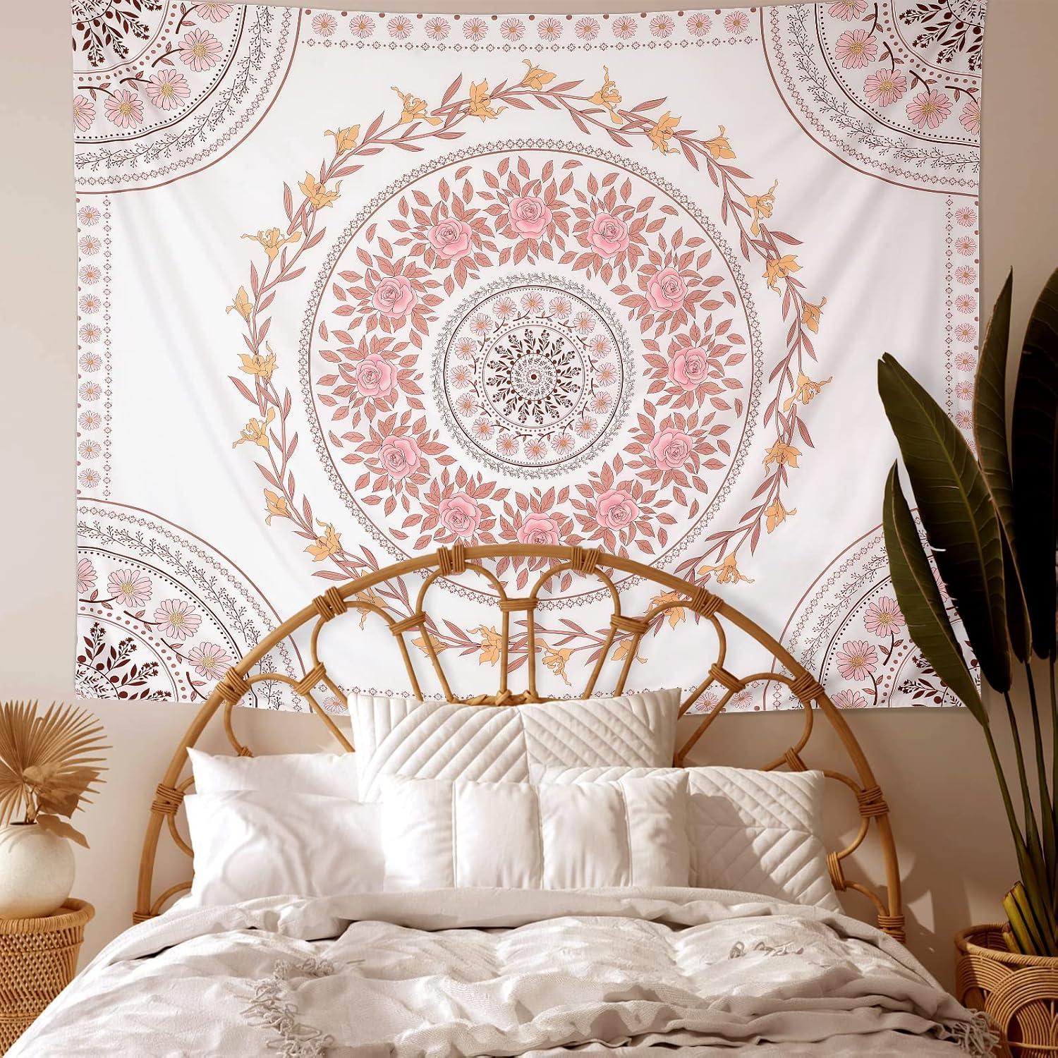 Mandala Tapestry Aesthetic,Boho Tapestry Wall Hanging,Pink Floral Medallion Tapestries,Bohemian Wall Art Hippie Decor for Bedroom Living Room Dorm 51"x59"