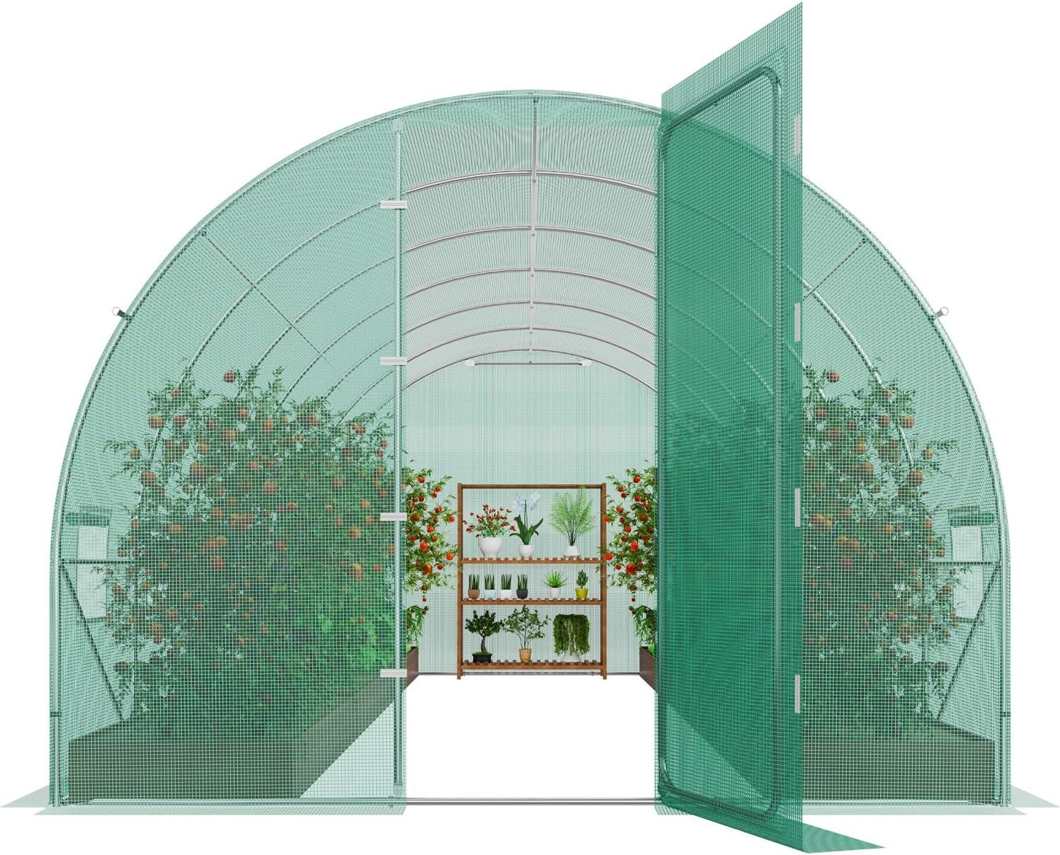 VEVOR Walk-in Tunnel Greenhouse, 27.4x9.5x7.4 ft Hoop House Greenhouse Tunnel, Plant Hot House with Galvanized Steel Frame, Green PE Cover, Swing Door and 16 Roll-up Windows for Outdoor