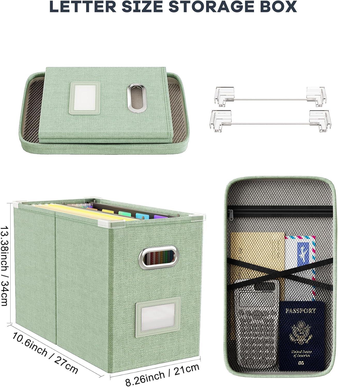 Green Linen Portable File Organizer Box with Mesh Pocket