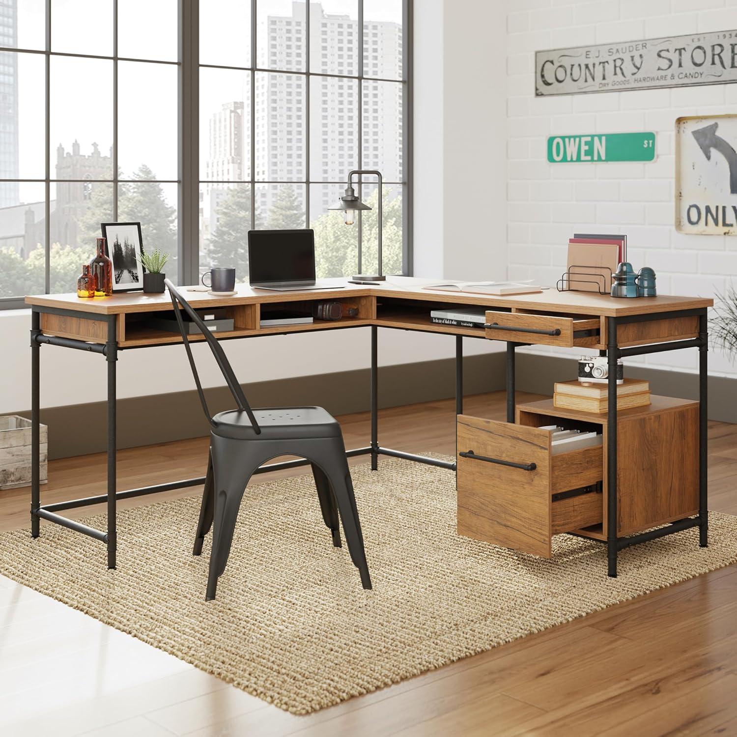 Sauder Iron City L Shaped Computer Desk Checked Oak: Industrial Style with Metal Frame & Hutch Storage