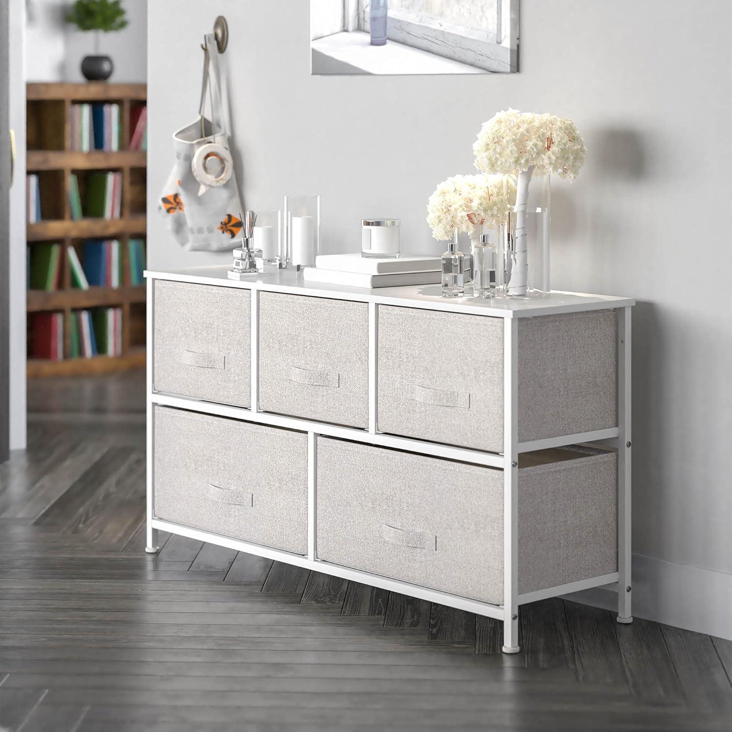 Flash Furniture 5 Drawer Wood Top Cast Iron Frame Storage Dresser with Easy Pull Fabric Drawers