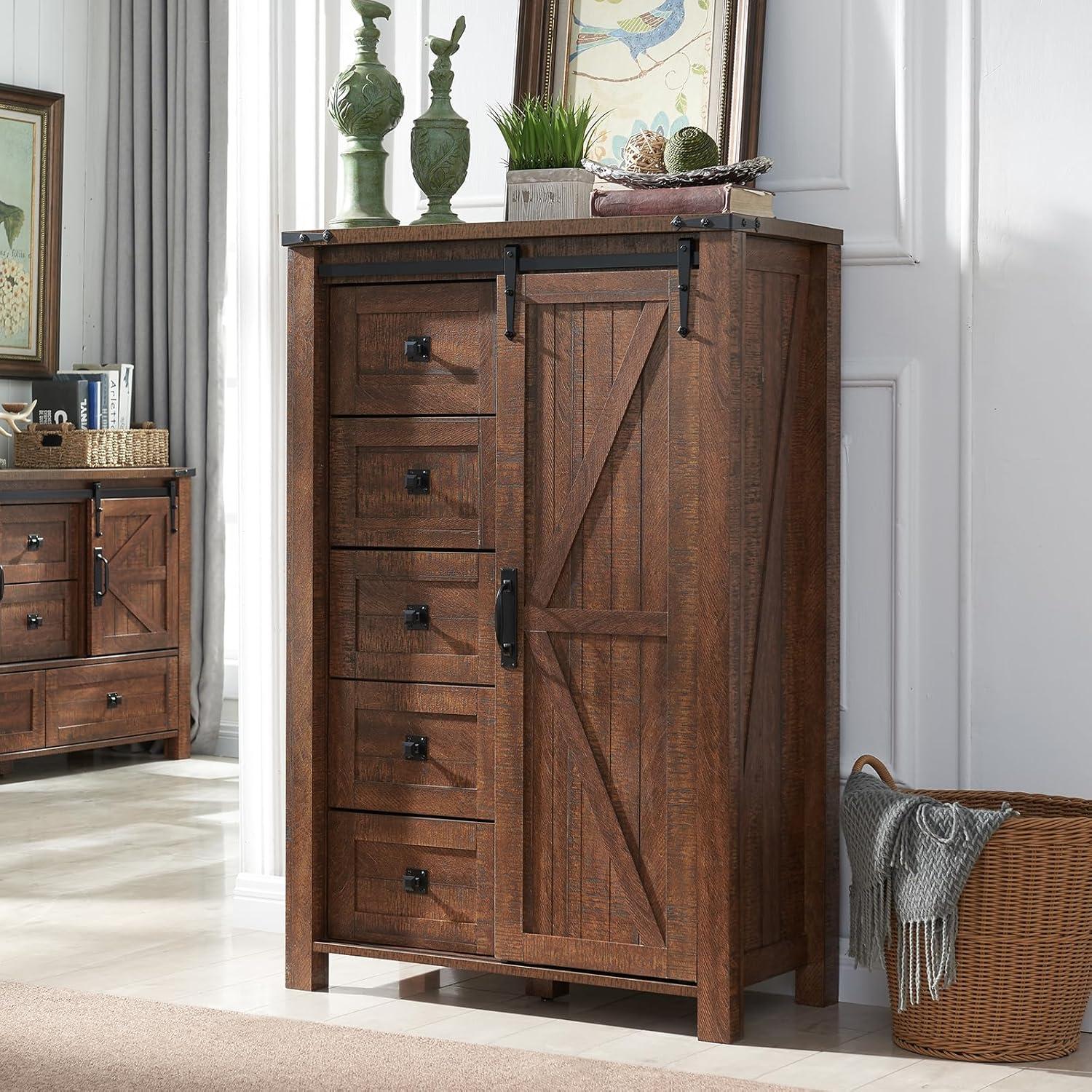 Farmhouse 5 Chest of Drawers, Tall Drawers Dresser with Sliding Barn Door