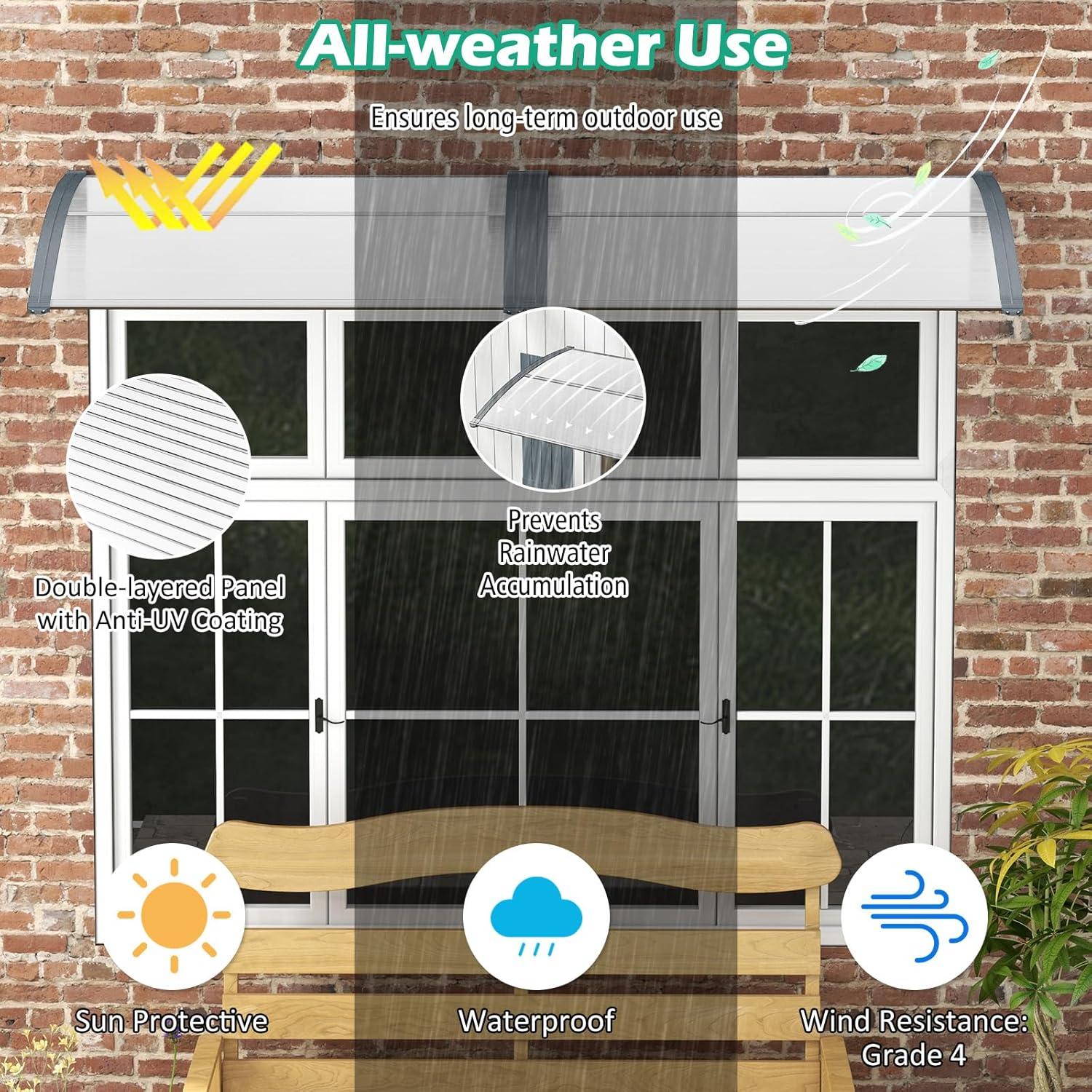 48" x 40" Window Awning, Awnings for Doors, with Hollow Sheet, Rain Snow Sunlight, Outdoor Awning Canopy Exterior for Porch, Deck, Patio, Balcony, Gray