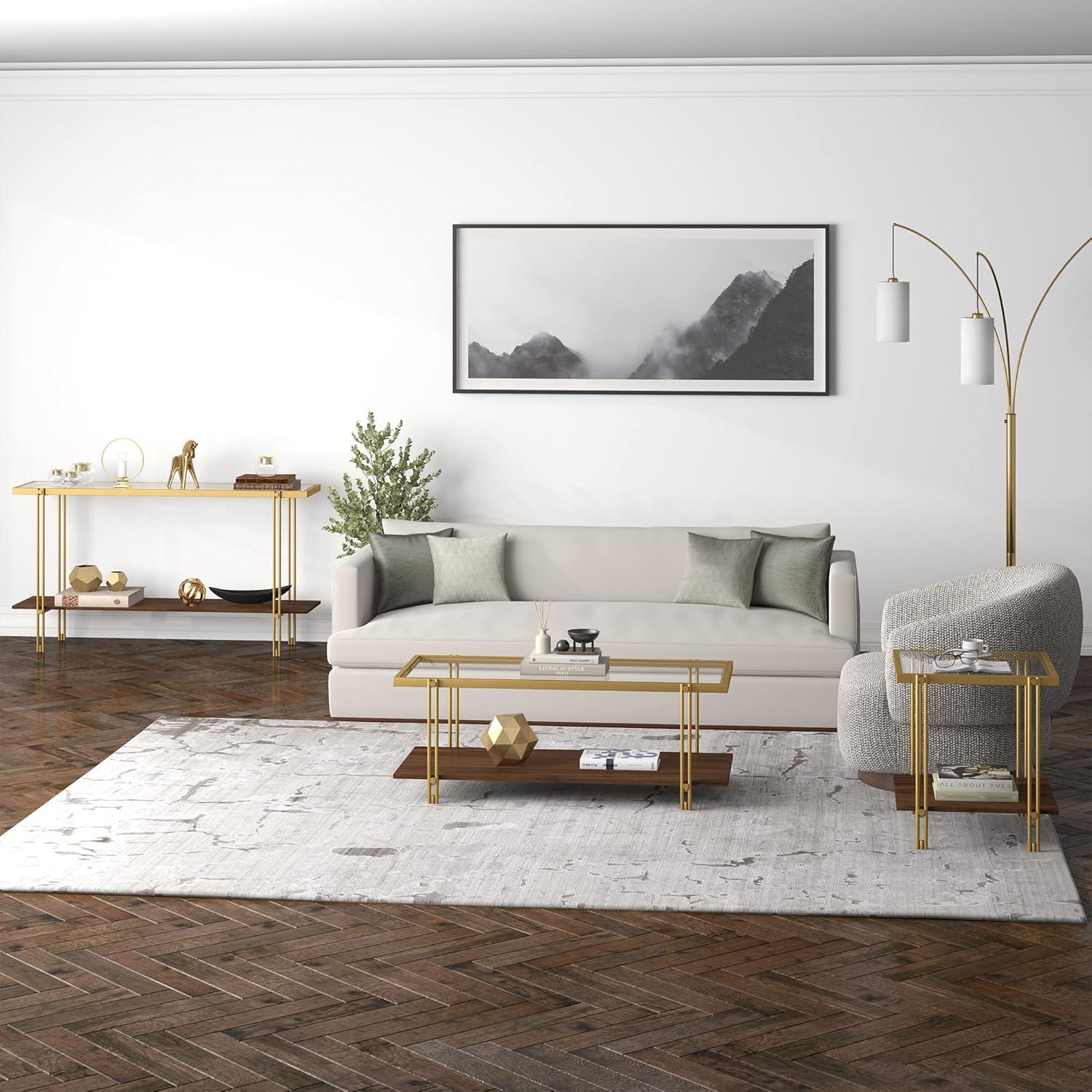 Evelyn&Zoe,ez 45" Wide Rectangular Coffee Table with MDF Shelf, Brass/Walnut