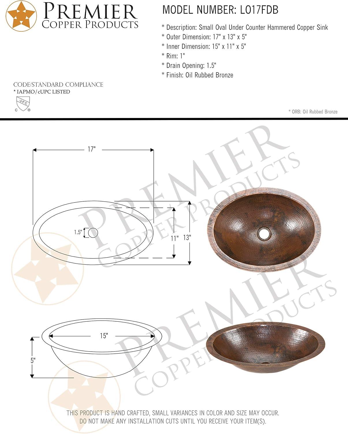 17" Oval Under Counter Hammered Copper Bathroom Sink