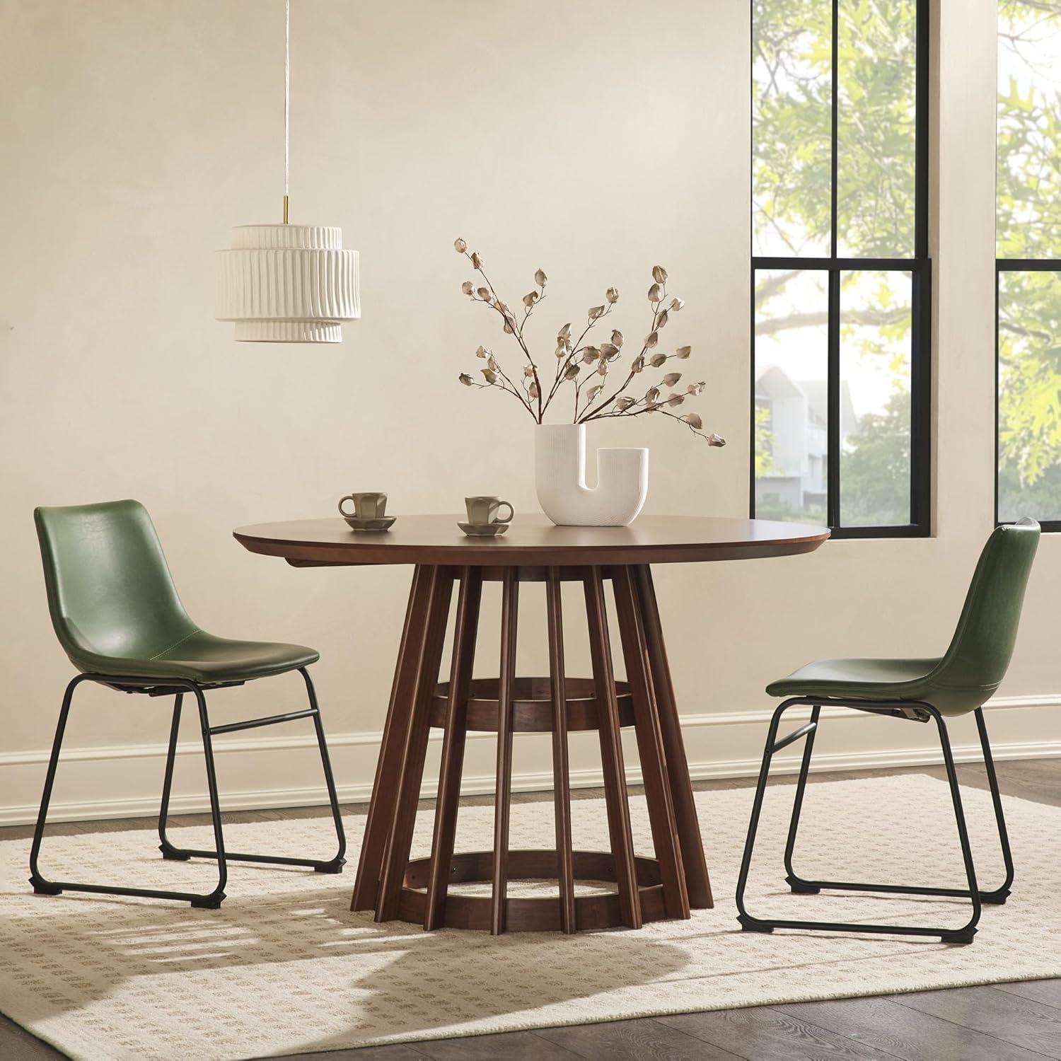 Brown Pine Wood Round Dining Table with Slatted Pedestal Base