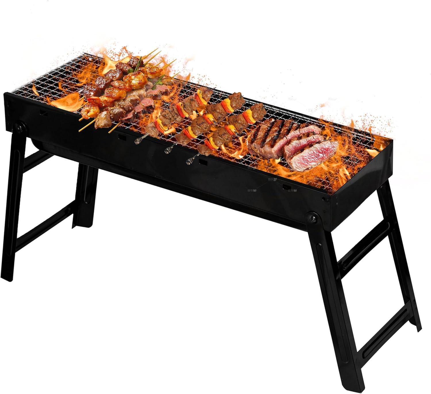 Gardenised Portable Standing Charcoal Grill Foldable Stainless Steel Bbq For Camping Backyard Tailgating Hiking Picnic Travel Beach Party Garden Gathering Poolside Cooking Skewers & Outdoor Barbecue