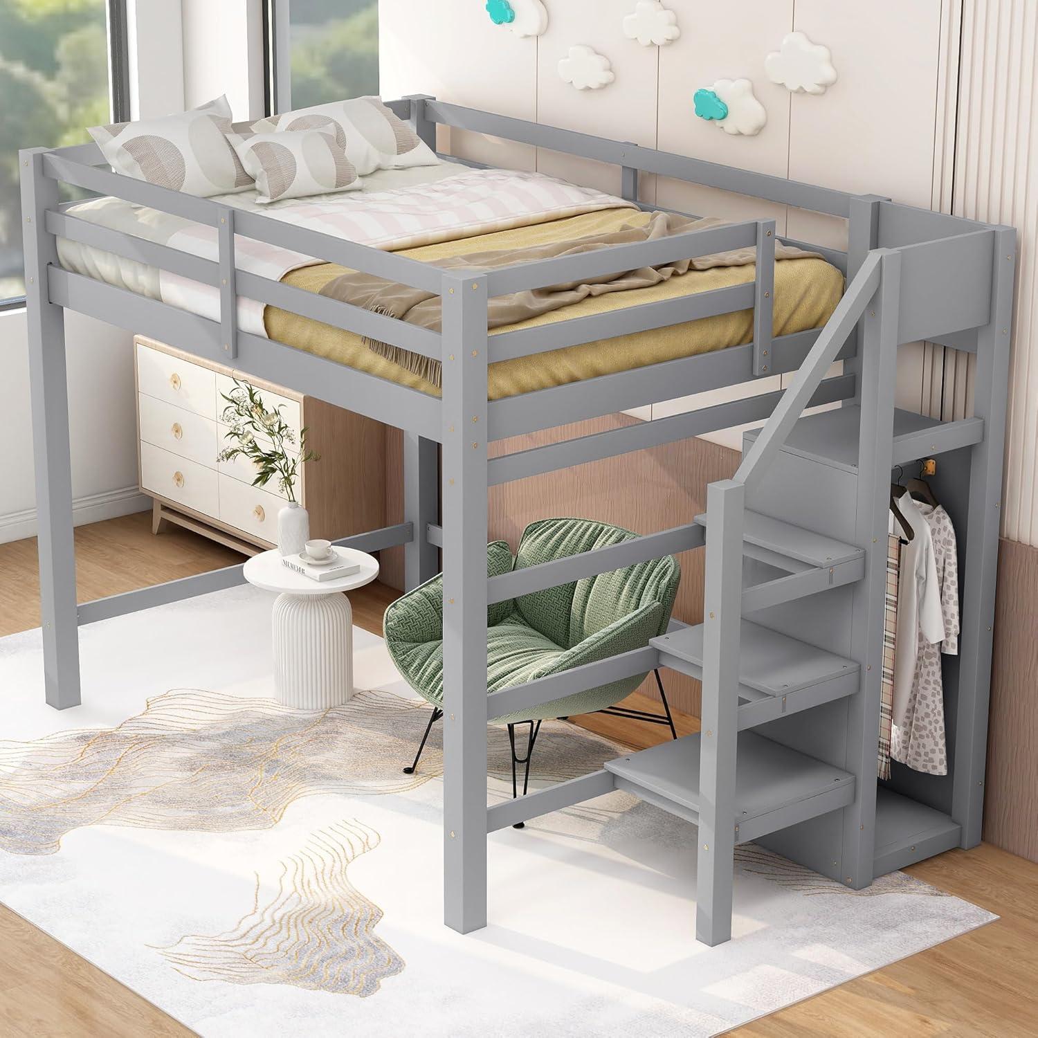 Harper & Bright Designs Full Size Loft Bed with Storage Shelves & Wardrobe, Wood Full Loft Bed Frame with LED Light for Kids Teens,Adults,Space Saving High Loft Bed,White