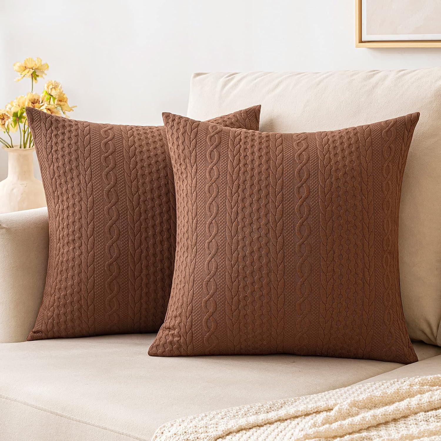 ZAHAZOHO Pack of 2 Soft Textured Throw Decorative Pillow Covers for Couch Sofa, 18x18 inch, Brown