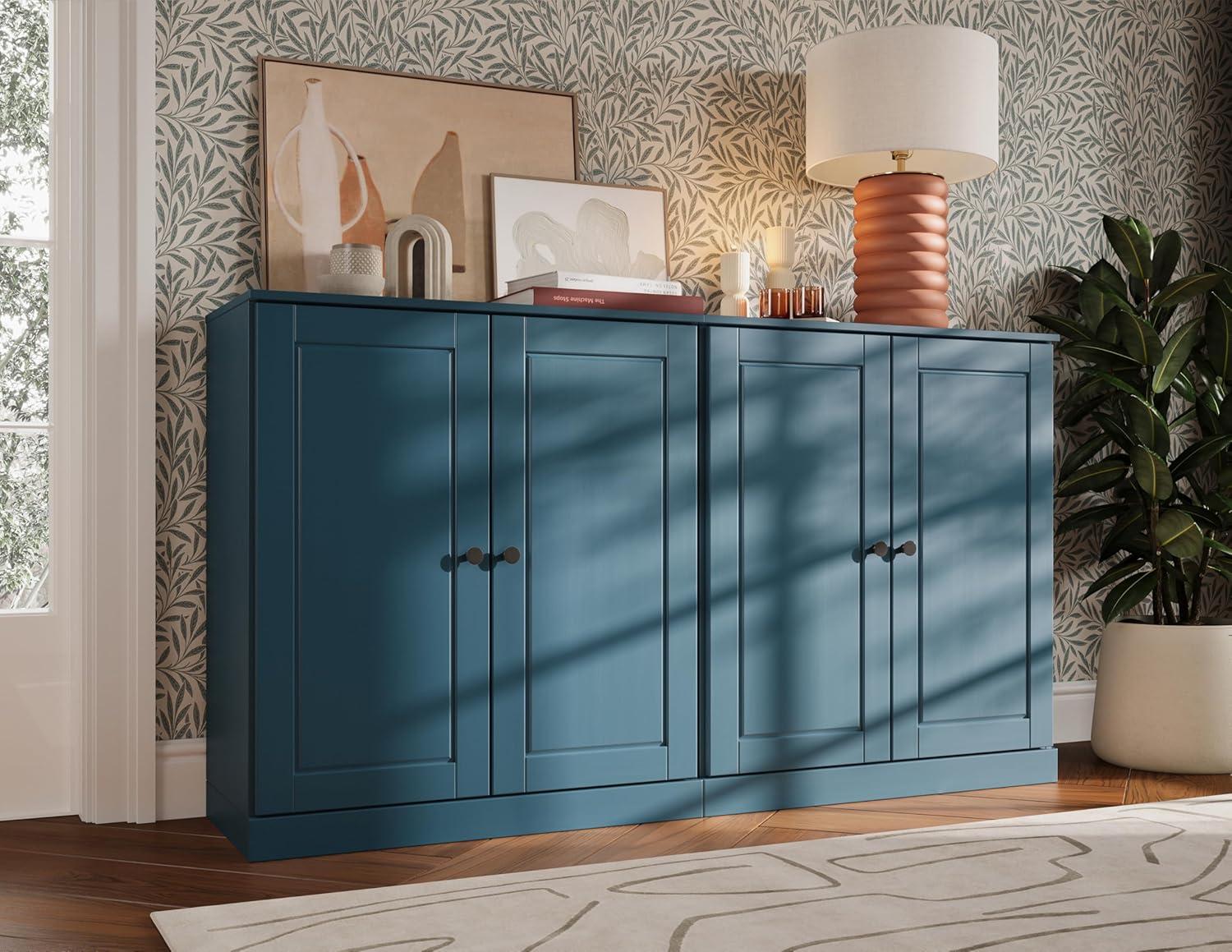 Teal Blue Solid Wood 64" Sideboard with Raised Panel Doors