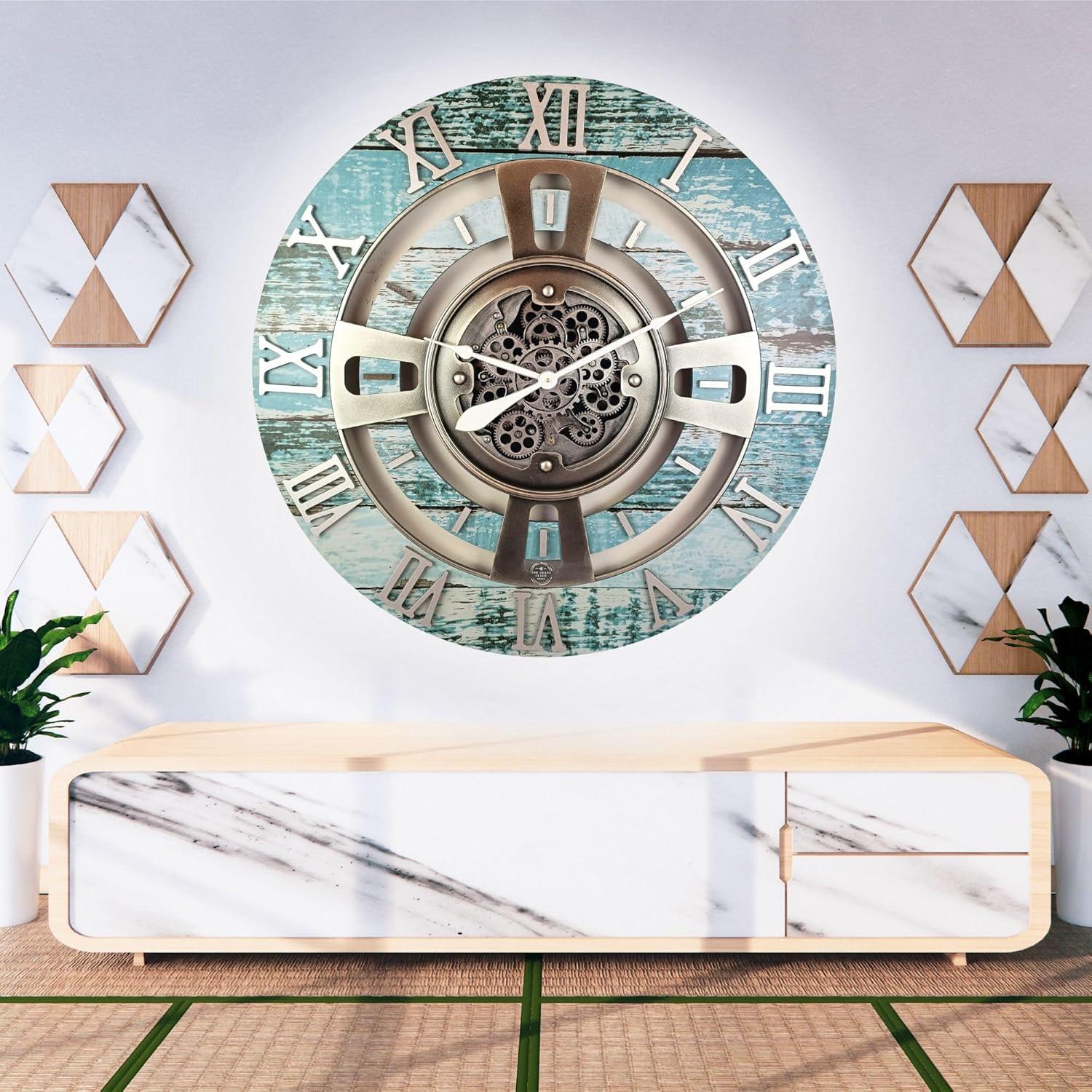 THE GEARS CLOCK Wall Clock with Real Moving Gears EN-LI_ 36 in Round Vintage-Black